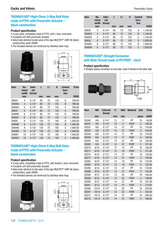112  THOMAFLUID®
IV - 2015
Cocks and Valves	 Pneumatic Cocks
THOMAFLUID®
-High-Chem 3-Way Ball Valve
made of PTFE with Pneumatic Actuator -
block construction
Product specification
•	3-way valve, completely made of PTFE, with L-bore, horizontal
•	Complete unit with pneumatic actuator
•	Valve body identical to ball valve of the type MULTIFIT®
-EMP-A6 (block
construction), parts 28888.
•	The threaded sleeves are reinforced by stainless steel rings​​
Item No-
minal
width
Inter-
nal
thread
L L1 H Control
func-
tion
Price
​ mm ​ mm mm mm ​ EURO
28920 4 G 1/4“ 80 72 155 A 788.00
304944 4 G 1/4“ 80 72 155 B 788.00
304945 4 G 1/4“ 80 72 155 C 788.00
28922 6 G 1/4“ 80 72 155 A 788.00
304946 6 G 1/4“ 80 72 155 B 788.00
304947 6 G 1/4“ 80 72 155 C 788.00
28926 8 G 1/2“ 120 72 185 A 1,484.00
304948 8 G 1/2“ 120 72 185 B 1,484.00
304949 8 G 1/2“ 120 72 185 C 1,484.00
304950 10 G 1/2“ 120 72 185 A 1,484.00
304951 10 G 1/2“ 120 72 185 B 1,484.00
304952 10 G 1/2“ 120 72 185 C 1,484.00
THOMAFLUID®
-High-Chem 4-Way Ball Valve
made of PTFE with Pneumatic Actuator -
block construction
Product specification
•	4-way valve, completely made of PTFE, with double L-bore, horizontal
•	Complete unit with pneumatic actuator
•	Valve body identical to ball valve of the type MULTIFIT®
-EMP-A6 (block
construction), parts 28888.
•	The threaded sleeves are reinforced by stainless steel rings​​
Item No-
minal
width
Inter-
nal
thread
L L1 H Control
func-
tion
Price
​ mm ​ mm mm mm ​ EURO
28928 4 G 1/4“ 80 72 155 A 1,144.00
304953 4 G 1/4“ 80 72 155 B 1,144.00
304954 4 G 1/4“ 80 72 155 C 1,144.00
28930 6 G 1/2“ 80 72 155 A 1,928.00
304955 6 G 1/2“ 80 72 155 B 1,928.00
304956 6 G 1/2“ 80 72 155 C 1,928.00
THOMAFLUID®
-Straight Connector
with Male Thread made of PP/PVDF - short
Product specification
•	Straight, tubing connection on one side; male G-thread on the other side​​
Item NW External
thread
l1 WAF Material Unit Price
​ mm ​ mm mm ​ piece EURO
20246 4/6 G 1/4“ 12 17 PP 10 46.00
20247 4/6 G 1/4“ 12 17 PVDF 5 100.00
20252 4/6 G 1/2“ 14 27 PP 10 116.00
20253 4/6 G 1/2“ 14 27 PVDF 5 104.00
20258 6/8 G 1/4“ 12 17 PP 10 116.00
20259 6/8 G 1/4“ 12 17 PVDF 5 109.00
20264 6/8 G 1/2“ 14 27 PP 10 126.00
20265 6/8 G 1/2“ 14 27 PVDF 5 121.00
20270 6/10 G 1/4“ 12 19 PP 10 126.00
20271 6/10 G 1/4“ 12 19 PVDF 5 121.00
20276 6/10 G 1/2“ 14 27 PP 10 133.00
20277 6/10 G 1/2“ 14 27 PVDF 5 132.00
20282 8/10 G 1/4“ 12 19 PP 10 133.00
20283 8/10 G 1/4“ 12 19 PVDF 5 132.00
20288 8/10 G 1/2“ 14 27 PP 10 133.00
20289 8/10 G 1/2“ 14 27 PVDF 5 132.00
20294 8/12 G 1/4“ 12 22 PP 10 164.00
20295 8/12 G 1/4“ 12 22 PVDF 5 139.00
20300 8/12 G 1/2“ 14 27 PP 10 187.00
20301 8/12 G 1/2“ 14 27 PVDF 5 172.00
20306 10/14 G 1/4“ 12 22 PP 10 229.00
20307 10/14 G 1/4“ 12 22 PVDF 5 183.00
20312 10/14 G 1/2“ 14 27 PP 10 246.00
20313 10/14 G 1/2“ 14 27 PVDF 3 198.00
 