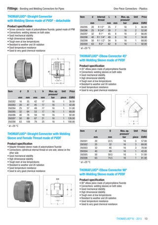 THOMAFLUID®
IV - 2015  13
Fittings - Bonding and Welding Connectors for Pipes	 One-Piece Connectors - Plastics
THOMAFLUID®
-Straight Connector
with Welding Sleeve made of PVDF - detachable
Product specification
•	Screw connector made of polyvinylidene fluoride, gasket made of FPM
•	Connections: welding sleeves on both sides
•	Good mechanical stability
•	High dimensional stability
•	Tough even at low temperatures
•	Resistant to weather and UV radiation
•	Good temperature resistance
•	Good to very good chemical resistance​​
Item d D L h Max. op.
pressure1
Unit Price
​ mm mm mm mm bar piece EURO
350282 16 35 42 17 16 1 36.00
350283 20 47 45 17 16 1 42.00
350284 25 57 49 17 16 1 51.00
350285 32 64 53 17 16 1 68.00
350286 40 78 59 19 16 1 92.00
350287 50 89 67 21 16 1 126.00
350288 63 109 79 25 16 1 180.00
1
at +20 °C
THOMAFLUID®
-Straight Connector with Welding
Sleeve and Female Thread made of PVDF
Product specification
•	Adapter threaded sleeve made of polyvinylidene fluoride
•	Connections: cylindrical internal thread on one side, sleeve on the
other side
•	Good mechanical stability
•	High dimensional stability
•	Tough even at low temperatures
•	Resistant to weather and UV radiation
•	Good temperature resistance
•	Good to very good chemical resistance​​
Item d Internal
thread
L h Max. op.
pressure1
Unit Price
​ mm ​ mm mm bar piece EURO
350295 20 R 1/2“ 35 7 16 3 66.00
350296 25 R 3/4“ 39 7 16 2 52.00
350297 32 R 1“ 45 8 16 2 66.00
350298 40 R 1 1/4“ 49 8 16 1 56.00
350299 50 R 1 1/2“ 54 9 16 1 68.00
350300 63 R 2“ 62 9 16 1 92.00
1
at +20 °C
THOMAFLUID®
-Elbow Connector 45º
with Welding Sleeve made of PVDF
Product specification
•	45° elbow piece made of polyvinylidene fluoride
•	Connections: welding sleeves on both sides
•	Good mechanical stability
•	High dimensional stability
•	Tough even at low temperatures
•	Resistant to weather and UV radiation
•	Good temperature resistance
•	Good to very good chemical resistance​​
Item d D Max. op.
pressure1
Unit Price
​ mm mm bar piece EURO
350301 20 22.5 16 3 57.00
350302 25 32 16 3 69.00
350303 32 40 16 3 78.00
350304 40 49 16 1 42.00
350305 50 59.5 16 1 51.00
350306 63 74.5 16 1 81.00
1
at +20 °C
THOMAFLUID®
-Elbow Connector 90º
with Welding Sleeve made of PVDF
Product specification
•	90° elbow piece made of polyvinylidene fluoride
•	Connections: welding sleeves on both sides
•	Good mechanical stability
•	High dimensional stability
•	Tough even at low temperatures
•	Resistant to weather and UV radiation
•	Good temperature resistance
•	Good to very good chemical resistance​​
 