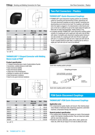 14  THOMAFLUID®
IV - 2015
Fittings - Bonding and Welding Connectors for Pipes	 One-Piece Connectors - Plastics
Item d D Max. op.
pressure1
Unit Price
​ mm mm bar piece EURO
350268 16 21.5 10 3 51.00
350269 20 27.5 10 3 51.00
350270 25 33 10 3 57.00
350271 32 41 10 1 34.00
350272 40 51.5 10 1 52.00
350273 50 62.5 10 1 70.00
350274 63 77 10 1 118.00
1
at +20 °C
THOMAFLUID®
-T-Shaped Connector with Welding
Sleeve made of PVDF
Product specification
•	T-shaped connecting piece made of polyvinylidene fluoride
•	Connections: welding sleeves on both sides
•	Good mechanical stability
•	High dimensional stability
•	Tough even at low temperatures
•	Resistant to weather and UV radiation
•	Good temperature resistance
•	Good to very good chemical resistance​​
Item d D Max. op.
pressure1
Unit Price
​ mm mm bar piece EURO
350275 16 21.5 16 3 80.00
350276 20 27.5 16 3 80.00
350277 25 33 16 2 60.00
350278 32 41 16 1 40.00
350279 40 51 16 1 60.00
350280 50 63 16 1 86.00
350281 63 78.5 16 1 135.00
1
at +20 °C
Two-Part Connectors - Plastics
THOMAFLUID®
-Quick-Disconnect Couplings
•	THOMAFLUID®
-quick-disconnect coupling systems are excellently
suited for connecting and disconnecting of tubes, apparatuses etc.
The quick-disconnect couplings are easy to operate, connecting and
disconnecting can be done by one hand.The coupling is self-locking
when the nipple is plugged-in. For disconnection a short thumb pres-
sure on the lock is sufficient to pull out the nipple easily.All nipples are
fitted with an easily interchangeable, reliably sealing O-ring.
•	A complete operable THOMAFLUID®
-quick-disconnect coupling system
consists of a coupling part and a nipple part, both parts may be fitted
with valves.A complete quick-disconnect coupling system locking at
one side consists of a coupling part with shut-off and a nipple part
with port, or a coupling part with port and a nipple part with shut-off.
To get a coupling locking on both sides, a coupling part as well as a
nipple part, both with shut-off, have to be obtained.
Quick-lock coupling system principle
Quick-lock coupling system principle
POM Quick-Disconnect Couplings
THOMAFLUID®
-POM Quick-Disconnect Couplings
Application area
•	For compressed air, gases, liquids, and vacuum, floor cleaning equip-
ment, filtration of deionized water, dispensing equipment, automated
machines, compression therapy, leak detectors
General product specification
•	The coupling parts (couplings and nipples) are made of thermoplastic
acetal in the injection-moulding process.They are robust and usable
with the most mild chemicals.
•	Resistant to alcohol, aldehydes, petrol, ethers, esters, glykols and
motor oils, within the pH range of 4 to 9 also to alkalis and acids.
 