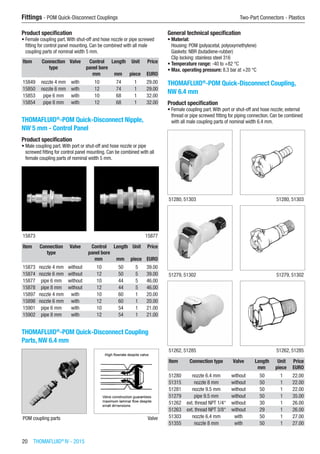 20  THOMAFLUID®
IV - 2015
Fittings - POM Quick-Disconnect Couplings	 Two-Part Connectors - Plastics
Product specification
•	Female coupling part.With shut-off and hose nozzle or pipe screwed
fitting for control panel mounting. Can be combined with all male
coupling parts of nominal width 5 mm.​​
Item Connection
type
Valve Control
panel bore
Length Unit Price
​ ​ ​ mm mm piece EURO
15849 nozzle 4 mm with 10 74 1 29.00
15850 nozzle 6 mm with 12 74 1 29.00
15853 pipe 6 mm with 10 68 1 32.00
15854 pipe 8 mm with 12 68 1 32.00
THOMAFLUID®
-POM Quick-Disconnect Nipple,
NW 5 mm - Control Panel
Product specification
•	Male coupling part.With port or shut-off and hose nozzle or pipe
screwed fitting for control panel mounting. Can be combined with all
female coupling parts of nominal width 5 mm.​​
15873 15877
Item Connection
type
Valve Control
panel bore
Length Unit Price
​ ​ ​ mm mm piece EURO
15873 nozzle 4 mm without 10 50 5 39.00
15874 nozzle 6 mm without 12 50 5 39.00
15877 pipe 6 mm without 10 44 5 46.00
15878 pipe 8 mm without 12 44 5 46.00
15897 nozzle 4 mm with 10 60 1 20.00
15898 nozzle 6 mm with 12 60 1 20.00
15901 pipe 6 mm with 10 54 1 21.00
15902 pipe 8 mm with 12 54 1 21.00
THOMAFLUID®
-POM Quick-Disconnect Coupling
Parts, NW 6.4 mm
POM coupling parts Valve
General technical specification
•	Material:
Housing: POM (polyacetal, polyoxymethylene)
Gaskets: NBR (butadiene-rubber)
Clip locking: stainless steel 316
•	Temperature range: -40 to +82 °C
•	Max. operating pressure: 8.3 bar at +20 °C
THOMAFLUID®
-POM Quick-Disconnect Coupling,
NW 6.4 mm
Product specification
•	Female coupling part.With port or shut-off and hose nozzle; external
thread or pipe screwed fitting for piping connection. Can be combined
with all male coupling parts of nominal width 6.4 mm.​​
51280, 51303 51280, 51303
51279, 51302 51279, 51302
51262, 51285 51262, 51285
Item Connection type Valve Length Unit Price
​ ​ ​ mm piece EURO
51280 nozzle 6.4 mm without 50 1 22.00
51315 nozzle 8 mm without 50 1 22.00
51281 nozzle 9.5 mm without 50 1 22.00
51279 pipe 9.5 mm without 50 1 35.00
51262 ext. thread NPT 1/4“ without 30 1 26.00
51263 ext. thread NPT 3/8“ without 29 1 26.00
51303 nozzle 6.4 mm with 50 1 27.00
51355 nozzle 8 mm with 50 1 27.00
 