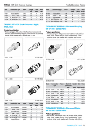 THOMAFLUID®
IV - 2015  21
Fittings - POM Quick-Disconnect Couplings	 Two-Part Connectors - Plastics
Item Connection type Valve Length Unit Price
​ ​ ​ mm piece EURO
51304 nozzle 9.5 mm with 50 1 27.00
51302 pipe 9.5 mm with 50 1 38.00
51285 ext. thread NPT 1/4“ with 30 1 26.00
51286 ext. thread NPT 3/8“ with 29 1 30.00
THOMAFLUID®
-POM Quick-Disconnect Nipple,
NW 6.4 mm
Product specification
•	Male coupling part.With port or shut-off and hose nozzle; external
thread or pipe screwed fitting for piping connection. Can be combined
with all female coupling parts of nominal width 6.4 mm.​​
51318, 51342 51318, 51342
51314, 51338 51314, 51338
51308, 51332 51308, 51332
Item Connection type Valve Length Unit Price
​ ​ ​ mm piece EURO
51318 nozzle 6.4 mm without 34 1 12.00
51362 nozzle 8 mm without 34 1 12.00
51319 nozzle 9.5 mm without 35 1 12.00
51314 pipe 9.5 mm without 35 1 14.00
51308 ext. thread NPT 1/4“ without 32 1 13.00
51309 ext. thread NPT 3/8“ without 32 1 15.00
51342 nozzle 6.4 mm with 51 1 22.00
Item Connection type Valve Length Unit Price
​ ​ ​ mm piece EURO
51380 nozzle 8 mm with 51 1 22.00
51343 nozzle 9.5 mm with 46 1 22.00
51338 pipe 9.5 mm with 46 1 27.00
51332 ext. thread NPT 1/4“ with 42 1 23.00
51333 ext. thread NPT 3/8“ with 41 1 23.00
THOMAFLUID®
-POM Quick-Disconnect Coupling,
NW 6.4 mm - Control Panel
Product specification
•	Female coupling part.With port or shut-off and hose nozzle; external
thread or pipe screwed fitting for control panel mounting. Can be
combined with all male coupling parts of nominal width 6.4 mm.​​
51270, 51294 51270, 51294
51266, 51289 51266, 51289
Item Connection
type
Valve Control
panel bore
Length Unit Price
​ ​ ​ mm mm piece EURO
51270 nozzle 6.4 mm without 18 50 1 35.00
51282 nozzle 8 mm without 18 50 1 35.00
51271 nozzle 9.5 mm without 18 50 1 35.00
51266 pipe 9.5 mm without 18 50 1 34.00
51294 nozzle 6.4 mm with 18 50 1 30.00
51310 nozzle 8 mm with 18 50 1 30.00
51295 nozzle 9.5 mm with 18 50 1 30.00
51289 pipe 9.5 mm with 18 50 1 40.00
THOMAFLUID®
-POM Quick-Disconnect Nipple,
NW 6.4 mm - Control Panel
Product specification
•	Male coupling part.With port or shut-off and hose nozzle; external
thread or pipe screwed fitting for control panel mounting. Can be
combined with all female coupling parts of nominal width 6.4 mm.​​
 