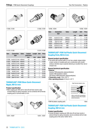 22  THOMAFLUID®
IV - 2015
Fittings - POM Quick-Disconnect Couplings	 Two-Part Connectors - Plastics
51366, 51384 51366, 51384
51370, 51388 51370, 51388
Item Connection
type
Valve Control
panel bore
Length Unit Price
​ ​ ​ mm mm piece EURO
51366 nozzle 6.4 mm without 18 49 1 15.00
51367 nozzle 8 mm without 18 49 1 15.00
51368 nozzle 9.5 mm without 18 49 1 15.00
51370 pipe 6.4 mm without 18 45 1 17.00
51371 pipe 9.5 mm without 18 45 1 17.00
51384 nozzle 6.4 mm with 23 52 1 25.00
51385 nozzle 8 mm with 23 52 1 25.00
51386 nozzle 9.5 mm with 23 52 1 25.00
51388 pipe 6.4 mm with 23 49 1 24.00
51389 pipe 9.5 mm with 23 52 1 24.00
THOMAFLUID®
-POM Elbow Quick-Disconnect
Nipple, NW 6.4 mm
Product specification
•	Male coupling part.With port or shut-off and hose nozzle or pipe
screwed fitting for piping connection. Can be combined with all female
coupling parts of nominal width 6.4 mm.​​
10291, 10287 10291, 10287
10296, 10294 10296, 10294
Item Connection
type
Valve Length Unit Price
​ ​ ​ mm piece EURO
10291 nozzle 6.4 mm without 28 1 17.00
10292 nozzle 9.5 mm without 32 1 17.00
10296 pipe 9.5 mm without 30 1 17.00
10287 nozzle 6.4 mm with 33 1 21.00
10288 nozzle 9.5 mm with 33 1 21.00
10294 pipe 9.5 mm with 34 1 21.00
THOMAFLUID®
-POM Full Plastic Quick-Disconnect
Coupling Parts, NW 6.4 mm
General product specification
•	This series with nominal width 6.4 mm has a plastic release button,
a lower number of movable parts and a construction with smooth
contours, therefore easy to operate delivering an excellent flow rate at
compact size.
General technical specification
•	Material:
Housing: POM (polyacetal, polyoxymethylene)
Gaskets: NBR (butadiene-rubber)
Clip locking: POM (polyacetal, polyoxymethylene)
•	Temperature range: -40 to +82 °C
•	Max. operating pressure: 8.3 bar at +20 °C
POM full plastic coupling parts Valve
THOMAFLUID®
-POM Full Plastic Quick-Disconnect
Coupling, NW 6.4 mm
Product specification
•	Female full plastic coupling part.With shut-off and hose nozzle or
external thread for piping connection. Can be combined with all male
coupling parts of the series 16208-16212.​​
 
