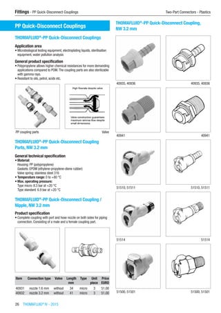 26  THOMAFLUID®
IV - 2015
Fittings - PP Quick-Disconnect Couplings	 Two-Part Connectors - Plastics
PP Quick-Disconnect Couplings
THOMAFLUID®
-PP Quick-Disconnect Couplings
Application area
•	Microbiological testing equipment, electroplating liquids, sterilisation
equipment, water pollution analysis
General product specification
•	Polypropylene allows higher chemical resistances for more demanding
applications compared to POM.The coupling parts are also sterilizable
with gamma rays.
•	Resistant to oils, petrol, acids etc.
PP coupling parts Valve
THOMAFLUID®
-PP Quick-Disconnect Coupling
Parts, NW 3.2 mm
General technical specification
•	Material:
Housing: PP (polypropylene)
Gaskets: EPDM (ethylene-propylene-diene rubber)
Valve spring: stainless steel 316
•	Temperature range: 0 to +80 °C
•	Max. operating pressure:
Type micro: 8.3 bar at +20 °C
Type standard: 6.9 bar at +20 °C​
THOMAFLUID®
-PP Quick-Disconnect Coupling /
Nipple, NW 3.2 mm
Product specification
•	Complete coupling with port and hose nozzle on both sides for piping
connection. Consisting of a male and a female coupling part.​​
Item Connection type Valve Length Type Unit Price
​ ​ ​ mm ​ piece EURO
40931 nozzle 1.6 mm without 34 micro 3 51.00
40932 nozzle 3.2 mm without 41 micro 3 51.00
THOMAFLUID®
-PP Quick-Disconnect Coupling,
NW 3.2 mm​​
40935, 40936 40935, 40936
40941 40941
51510, 51511 51510, 51511
51514 51514
51500, 51501 51500, 51501
 