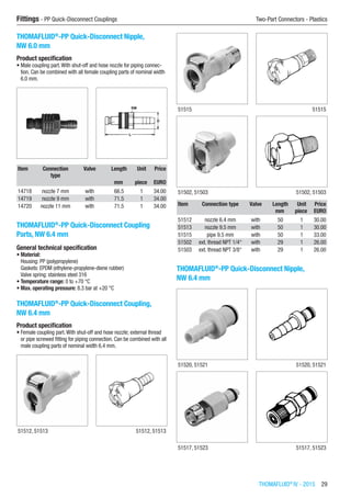 THOMAFLUID®
IV - 2015  29
Fittings - PP Quick-Disconnect Couplings	 Two-Part Connectors - Plastics
THOMAFLUID®
-PP Quick-Disconnect Nipple,
NW 6.0 mm
Product specification
•	Male coupling part.With shut-off and hose nozzle for piping connec-
tion. Can be combined with all female coupling parts of nominal width
6.0 mm.​​
Item Connection
type
Valve Length Unit Price
​ ​ ​ mm piece EURO
14718 nozzle 7 mm with 66.5 1 34.00
14719 nozzle 9 mm with 71.5 1 34.00
14720 nozzle 11 mm with 71.5 1 34.00
THOMAFLUID®
-PP Quick-Disconnect Coupling
Parts, NW 6.4 mm
General technical specification
•	Material:
Housing: PP (polypropylene)
Gaskets: EPDM (ethylene-propylene-diene rubber)
Valve spring: stainless steel 316
•	Temperature range: 0 to +70 °C
•	Max. operating pressure: 8.3 bar at +20 °C​
THOMAFLUID®
-PP Quick-Disconnect Coupling,
NW 6.4 mm
Product specification
•	Female coupling part.With shut-off and hose nozzle; external thread
or pipe screwed fitting for piping connection. Can be combined with all
male coupling parts of nominal width 6.4 mm.​​
51512, 51513 51512, 51513
51515 51515
51502, 51503 51502, 51503
Item Connection type Valve Length Unit Price
​ ​ ​ mm piece EURO
51512 nozzle 6.4 mm with 50 1 30.00
51513 nozzle 9.5 mm with 50 1 30.00
51515 pipe 9.5 mm with 50 1 33.00
51502 ext. thread NPT 1/4“ with 29 1 26.00
51503 ext. thread NPT 3/8“ with 29 1 26.00
THOMAFLUID®
-PP Quick-Disconnect Nipple,
NW 6.4 mm​​
51520, 51521 51520, 51521
51517, 51523 51517, 51523
 