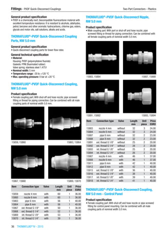 36  THOMAFLUID®
IV - 2015
Fittings - PVDF Quick-Disconnect Couplings	 Two-Part Connectors - Plastics
General product specification
•	PVDF is a chemically inert, biocompatible fluorocarbone material with
excellent temperature resistance. It is resistant to alcohols, aldehydes,
petrol, benzene and other aromatic hydrocarbons, chlorine gas, esters,
glycols and motor oils, salt solutions, alkalis and acids.
THOMAFLUID®
-PVDF Quick-Disconnect Coupling
Parts, NW 5.0 mm
General product specification
•	Quick-disconnect coupling parts for lower flow rates
General technical specification
•	Material:
Housing: PVDF (polyvinylidene fluoride)
Gaskets: FPM (fluorinated rubber)
Valve spring: stainless steel 1.4751
•	Nominal width: 5 mm
•	Temperature range: -20 to +120 °C
•	Max. operating pressure: 8 bar at +20 °C​
THOMAFLUID®
-PVDF Quick-Disconnect Coupling,
NW 5.0 mm
Product specification
•	Female coupling part.With shut-off and hose nozzle; pipe screwed
fitting or thread for piping connection. Can be combined with all male
coupling parts of nominal width 5.0 mm.​​
15859, 15860 15863, 15864
15867, 15868 15869, 15870
Item Connection type Valve Length Unit Price
​ ​ ​ mm piece EURO
15859 nozzle 4 mm with 60 1 36.00
15860 nozzle 6 mm with 60 1 36.00
15863 pipe 6 mm with 56 1 40.00
15864 pipe 8 mm with 56 1 40.00
15867 ext. thread G 1/8“ with 50 1 36.00
15868 ext. thread G 1/4“ with 52 1 36.00
15869 int. thread G 1/8“ with 53 1 36.00
15870 int. thread G 1/4“ with 39 1 36.00
THOMAFLUID®
-PVDF Quick-Disconnect Nipple,
NW 5.0 mm
Product specification
•	Male coupling part.With port or shut-off and hose nozzle; pipe
screwed fitting or thread for piping connection. Can be combined with
all female coupling parts of nominal width 5.0 mm.​​
15883, 15884 15887, 15888
15891, 15892 15893, 15894
Item Connection type Valve Length Unit Price
​ ​ ​ mm piece EURO
15883 nozzle 4 mm without 32 3 24.00
15884 nozzle 6 mm without 32 3 24.00
15887 pipe 6 mm without 32 2 23.00
15888 pipe 8 mm without 32 2 23.00
15891 ext. thread G 1/8“ without 25 2 20.00
15892 ext. thread G 1/4“ without 28 2 20.00
15893 int. thread G 1/8“ without 25 2 20.00
15894 int. thread G 1/4“ without 26 2 20.00
15907 nozzle 4 mm with 46 1 37.00
15908 nozzle 6 mm with 46 1 37.00
15911 pipe 6 mm with 42 1 40.00
15912 pipe 8 mm with 42 1 40.00
15915 ext. thread G 1/8“ with 36 1 40.00
15916 ext. thread G 1/4“ with 38 1 40.00
15917 int. thread G 1/8“ with 39 1 40.00
15918 int. thread G 1/4“ with 41 1 40.00
THOMAFLUID®
-PVDF Quick-Disconnect Coupling,
NW 5.0 mm - Control Panel
Product specification
•	Female coupling part.With shut-off and hose nozzle or pipe screwed
fitting for control panel mounting. Can be combined with all male
coupling parts of nominal width 5.0 mm.​​
 