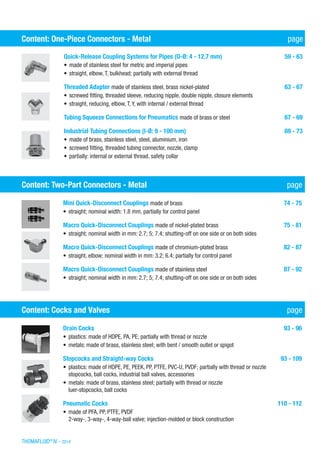 THOMAFLUID®
IV - 2014
Content: One-Piece Connectors - Metal	 page
Quick-Release Coupling Systems for Pipes (O-Ø: 4 - 12.7 mm) 	 59 - 63
•	made of stainless steel for metric and imperial pipes
•	straight, elbow, T, bulkhead; partially with external thread
Threaded Adapter made of stainless steel, brass nickel-plated	 63 - 67
•	screwed fitting, threaded sleeve, reducing nipple, double nipple, closure elements
•	straight, reducing, elbow, T, Y, with internal / external thread
Tubing Squeeze Connections for Pneumatics made of brass or steel	 67 - 69
Industrial Tubing Connections (I-Ø: 9 - 100 mm) 	 69 - 73
•	made of brass, stainless steel, steel, aluminium, iron
•	screwed fitting, threaded tubing connector, nozzle, clamp
•	partially: internal or external thread, safety collar
Content: Two-Part Connectors - Metal	 page
Mini Quick-Disconnect Couplings made of brass	 74 - 75
•	straight; nominal width: 1.8 mm, partially for control panel
Macro Quick-Disconnect Couplings made of nickel-plated brass	 75 - 81
•	straight; nominal width in mm: 2.7; 5; 7.4; shutting-off on one side or on both sides
Macro Quick-Disconnect Couplings made of chromium-plated brass	 82 - 87
•	straight, elbow; nominal width in mm: 3.2; 6.4; partially for control panel
Macro Quick-Disconnect Couplings made of stainless steel	 87 - 92
•	straight; nominal width in mm: 2.7; 5; 7.4; shutting-off on one side or on both sides
Content: Cocks and Valves	 page
Drain Cocks	 93 - 96
•	plastics: made of HDPE, PA, PE; partially with thread or nozzle
•	metals: made of brass, stainless steel; with bent / smooth outlet or spigot
Stopcocks and Straight-way Cocks	 93 - 109
•	plastics: made of HDPE, PE, PEEK, PP, PTFE, PVC-U, PVDF; partially with thread or nozzle
stopcocks, ball cocks, industrial ball valves, accessories
•	metals: made of brass, stainless steel; partially with thread or nozzle
luer-stopcocks, ball cocks
Pneumatic Cocks	 110 - 112
•	made of PFA, PP, PTFE, PVDF
2-way-, 3-way-, 4-way-ball valve; injection-molded or block construction
 