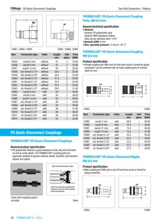 38  THOMAFLUID®
IV - 2015
Fittings - PA Quick-Disconnect Couplings	 Two-Part Connectors - Plastics
15961, 15962, 15963 15967, 15968, 15969
Item Connection type Valve Length Unit Price
​ ​ ​ mm piece EURO
15955 nozzle 6 mm without 47 3 33.00
15956 nozzle 9 mm without 47 3 33.00
15957 nozzle 13 mm without 50 2 28.00
15958 ext. thread G 1/4“ without 38.5 2 25.00
15959 ext. thread G 3/8“ without 38.5 2 25.00
15960 ext. thread G 1/2“ without 41.5 2 30.00
15961 int. thread G 1/4“ without 35.5 2 25.00
15962 int. thread G 3/8“ without 35.5 2 25.00
15963 int. thread G 1/2“ without 38.5 2 31.00
15964 nozzle 6 mm with 54 1 38.00
15965 nozzle 9 mm with 54 1 38.00
15966 nozzle 13 mm with 54 1 40.00
15967 ext. thread G 1/4“ with 46 1 39.00
15968 ext. thread G 3/8“ with 46 1 39.00
15969 ext. thread G 1/2“ with 49 1 41.00
15970 int. thread G 1/4“ with 48 1 40.00
15971 int. thread G 3/8“ with 48 1 40.00
15972 int. thread G 1/2“ with 23 1 42.00
PA Quick-Disconnect Couplings
THOMAFLUID®
-PA Quick-Disconnect Couplings
General product specification
•	PA (polyamide) features a good resistance to oils, fats and lubricants
as well as weak alkalis.The THOMAFLUID®
-coupling parts are
especially resistant to glycols, ketones, alkalis, paraffins, salt solutions,
toluene and xylene.
Quick-lock coupling system
principle Valve
THOMAFLUID®
-PA Quick-Disconnect Coupling
Parts, NW 6.0 mm
General technical specification
•	Material:
Housing: PA (polyamide), grey
Gaskets: NBR (butadiene-rubber)
Valve spring: stainless steel 1.4751
•	Nominal width: 6 mm
•	Max. operating pressure: 12 bar at +20 °C​
THOMAFLUID®
-PA Quick-Disconnect Coupling,
NW 6.0 mm
Product specification
•	Female coupling part.With shut-off and hose nozzle or thread for piping
connection. Can be combined with all male coupling parts of nominal
width 6.0 mm.​​
15985 15992
Item Connection type Valve Length Unit Price
​ ​ ​ mm piece EURO
15985 nozzle 7 mm with 68.3 1 38.00
15986 nozzle 9 mm with 73.3 1 39.00
15987 nozzle 11 mm with 73.3 1 40.00
15988 nozzle 13 mm with 73.3 1 41.00
15989 ext. thread G 1/4“ with 55.3 1 38.00
15990 ext. thread G 3/8“ with 55.3 1 39.00
15991 ext. thread G 1/2“ with 55.3 1 40.00
15992 int. thread G 1/4“ with 57.3 1 38.00
15993 int. thread G 3/8“ with 57.3 1 39.00
THOMAFLUID®
-PA Quick-Disconnect Nipple,
NW 6.0 mm
Product specification
•	Male coupling part.With port or shut-off and hose nozzle or thread for
piping connection.​​
15994 15998
 