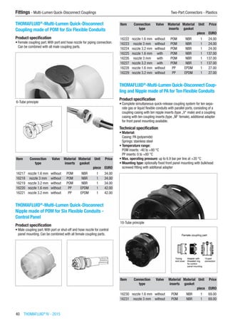 40  THOMAFLUID®
IV - 2015
Fittings - Multi-Lumen Quick-Disconnect Couplings	 Two-Part Connectors - Plastics
THOMAFLUID®
-Multi-Lumen Quick-Disconnect
Coupling made of POM for Six Flexible Conduits
Product specification
•	Female coupling part.With port and hose nozzle for piping connection.
Can be combined with all male coupling parts.​​
6-Tube principle
Item Connection
type
Valve Material
inserts
Material
gasket
Unit Price
​ ​ ​ ​ ​ piece EURO
16217 nozzle 1.6 mm without POM NBR 1 34.00
16218 nozzle 3 mm without POM NBR 1 34.00
16219 nozzle 3.2 mm without POM NBR 1 34.00
16220 nozzle 1.6 mm without PP EPDM 1 42.00
16221 nozzle 3.2 mm without PP EPDM 1 42.00
THOMAFLUID®
-Multi-Lumen Quick-Disconnect
Nipple made of POM for Six Flexible Conduits -
Control Panel
Product specification
•	Male coupling part.With port or shut-off and hose nozzle for control
panel mounting. Can be combined with all female coupling parts.​​
Item Connection
type
Valve Material
inserts
Material
gasket
Unit Price
​ ​ ​ ​ ​ piece EURO
16222 nozzle 1.6 mm without POM NBR 1 24.00
16223 nozzle 3 mm without POM NBR 1 24.00
16224 nozzle 3.2 mm without POM NBR 1 24.00
16225 nozzle 1.6 mm with POM NBR 1 137.00
16226 nozzle 3 mm with POM NBR 1 137.00
16227 nozzle 3.2 mm with POM NBR 1 137.00
16228 nozzle 1.6 mm without PP EPDM 1 27.00
16229 nozzle 3.2 mm without PP EPDM 1 27.00
THOMAFLUID®
-Multi-Lumen Quick-Disconnect Coup-
ling and Nipple made of PA for Ten Flexible Conduits
Product specification
•	Complete simultaneous quick-release coupling system for ten sepa-
rate gas or liquid flexible conduits with parallel ports, consisting of a
coupling casing with ten nipple inserts (type „V“ male) and a coupling
casing with ten coupling inserts (type „M“ female), additional adapter
for front panel mounting available.
Technical specification
•	Material:
Casing: PA (polyamide)
Springs: stainless steel
•	Temperature range:
POM inserts: -40 to +80 °C
PP inserts: 0 to +80 °C
•	Max. operating pressure: up to 6.9 bar per line at +20 °C
•	Mounting type: optionally fixed front panel mounting with bulkhead
screwed fitting with additonal adapter​​
10-Tube principle
Item Connection
type
Valve Material
inserts
Material
gasket
Unit Price
​ ​ ​ ​ ​ piece EURO
16230 nozzle 1.6 mm without POM NBR 1 69.00
16231 nozzle 3 mm without POM NBR 1 69.00
 