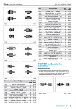 THOMAFLUID®
IV - 2015  43
Fittings - Luer-/Lock-Connections	 One-Piece Connectors - Metals
15650 15651
15652 15653
15654 15655
15656 15656
Item Connection type Unit Price
​ ​ piece EURO
15620 male Luer to nozzle 6.4 mm 3 45.00
15621 female Luer-Lock to nozzle 6.4 mm 6 57.00
15622 male Luer to nozzle 3.2 - 4.8 mm 6 57.00
15623
male Luer to nozzle,
large-core nominal width 3.2 - 4.8 mm
6 63.00
15624 male Luer to nozzle 1.6 - 2.4 mm 6 57.00
15625 male Luer-Lock to nozzle 3.2 - 4.8 mm 6 69.00
15626 male Luer-Lock to nozzle 1.6 - 2.4 mm 6 72.00
15627 female Luer-Lock to nozzle 3.2 - 4.8 mm 6 54.00
15628 female Luer-Lock to nozzle 1.6 - 2.4 mm 6 54.00
15629 male Luer to nozzle 4.0 - 5.6 mm 6 78.00
15630 female Luer-Lock to nozzle 4.0 - 5.6 mm 6 78.00
Item Connection type Unit Price
​ ​ piece EURO
15631 nozzle to nozzle 4.8 - 6.4 mm 6 78.00
15632 male Luer to nozzle 4.0 - 5.6 mm 6 78.00
15633 female Luer-Lock to nozzle 4.8 - 6.4 mm 6 78.00
15634 male Luer-Lock to nozzle 6.4 - 8 mm 6 69.00
15635 male Luer to female Luer-Lock 6 60.00
15636
male Luer to female Luer-Lock;
extended centerpiece
3 66.00
15637 female Luer-Lock to Record cone 6 54.00
15638 female Record cone to male Luer 6 54.00
15639 female Luer-Lock to pointed nozzle 3 69.00
15640 female Luer-Lock (large) to male Luer 6 57.00
15641 female Luer-Lock to male Luer-Lock 3 60.00
15642 male Luer-Lock to male Luer-Lock 3 72.00
15643 male Luer-Lock to closed end 6 66.00
15644 female Luer-Lock to closed end 6 54.00
15645 male Luer to closed end 6 54.00
15646 female Luer-Lock to female Luer-Lock 6 60.00
15647 male Luer to male Luer 6 72.00
15648 female Luer-Lock to long cone (fistula) 3 72.00
15649 male Luer-Lock to UNF-thread 5/16“-28 3 60.00
15650 male Luer to UNF-thread 5/16“-28 3 60.00
15651
female Luer-Lock to closed end;
material: stainless steel
3 63.00
15652
female Luer-Lock to closed end;
material: PCTFE
3 54.00
15653 male Luer-Lock to UNF-thread 10-32 3 54.00
15654 female Luer-Lock to UNF-thread 10-32 6 60.00
15655
female Luer-Lock to nozzle 1.6 - 2.4 mm,
stainless steel
3 66.00
15656
female Luer-Lock to nozzle 1.6 - 2.4 mm,
brass nickel plated
6 69.00
THOMAFLUID®
-Luer Connecting Piece
for Rigid Tubing
Product specification
•	Chromium-plated precision connecting pieces in miniaturized con-
struction, optionally combinations of male Luer or female Luer-Lock
connections and/or hose nozzles for rigid tubing like flanged PTFE,
polyethylene or polypropylene of various standard sizes.​​
15593 - 15596 15597 - 15601
 
