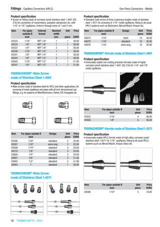46  THOMAFLUID®
IV - 2015
Fittings - Capillary Connectors (HPLC)	 One-Piece Connectors - Metals
Product specification
•	Screw-on fitting made of corrosion-proof stainless steel 1.4401 (SS
316) for connection of manometers, pulsation dampeners etc. with
1/16” or 1/8” capillaries. Uniform through bores of 1 and 2 mm.​​
Item For pipes
outside Ø
Internal
thread
Nominal
width
Unit Price
​ inch ​ mm piece EURO
83533 1/16“ NPT 1/8“ 1 1 38.00
83535 1/8“ NPT 1/8“ 1 1 38.00
83537 1/8“ NPT 1/8“ 2 1 38.00
83539 1/16“ NPT 1/4“ 1 1 38.00
83541 1/8“ NPT 1/4“ 1 1 38.00
83543 1/8“ NPT 1/4“ 2 1 38.00
83545 1/16“ NPT 1/2“ 1 1 51.00
83547 1/8“ NPT 1/2“ 1 1 51.00
THOMACHROM®
-Male Screw
made of Stainless Steel 1.4401
Product specification
•	Male screws made of stainless steel for HPLC and other applications, for
screwing of metal capillaries and pipes with all inch-dimensioned cap
fittings, e.g. for systems of Altex/Beckmann, Parker, CPI, Swagelok etc.​​
Item For pipes outside Ø Design Unit Price
​ inch ​ piece EURO
83506 1/32“ standard 2 22.00
83507 1/32“ extra long 2 22.00
83508 1/16“ standard 3 24.00
83510 1/8“ standard 3 24.00
83600 1/4“ standard 3 24.00
83601 3/8“ standard 2 21.00
83602 1/2“ standard 2 21.00
83603 1“ standard 1 29.00
THOMACHROM®
-Male Screw
made of Stainless Steel 1.4571
Product specification
•	Standard male screw of three customary lengths made of stainless
steel 1.4571 for screwing of 1/16” metal capillaries, fitting to all usual
HPLC-systems such as Beckmann, Merck/Hitachi, Knauer etc.​​
Item For pipes outside Ø Design Unit Price
​ inch ​ piece EURO
84074 1/16“ short 10 36.00
84075 1/16“ standard 10 36.00
84076 1/16“ extra long 10 36.00
THOMACHROM®
-Ferrule made of Stainless Steel 1.4401
Product specification
•	Universally usable non-cutting precision-ferrules made of highly
corrosion-proof stainless steel 1.4401 (SS 316) for 1/16“ and 1/8“
metal capillaries​​
Item For pipes outside Ø Unit Price
​ inch piece EURO
97635 1/16“ 4 36.00
97636 1/8“ 6 36.00
THOMACHROM®
-Ferrule made of Stainless Steel 1.4571
Product specification
•	Universally usable HPLC-ferrule made of high-alloy, corrosion-proof
stainless steel 1.4571 for 1/16” capillaries, fitting to all usual HPLC-
systems such as Merck/Hitachi, Knauer,Valco etc.​​
Item For pipes outside Ø Unit Price
​ inch piece EURO
84080 1/16“ 5 18.00
 