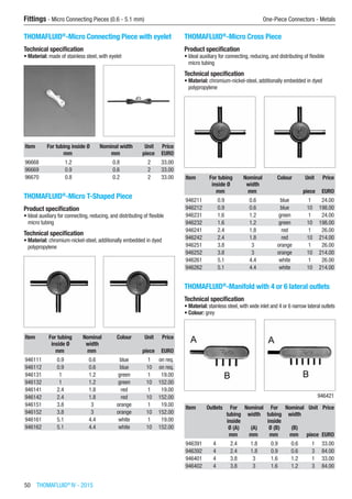 50  THOMAFLUID®
IV - 2015
Fittings - Micro Connecting Pieces (0.6 - 5.1 mm)	 One-Piece Connectors - Metals
THOMAFLUID®
-Micro Connecting Piece with eyelet
Technical specification
•	Material: made of stainless steel, with eyelet​​
Item For tubing inside Ø Nominal width Unit Price
​ mm mm piece EURO
96668 1.2 0.8 2 33.00
96669 0.9 0.6 2 33.00
96670 0.8 0.2 2 33.00
THOMAFLUID®
-Micro T-Shaped Piece
Product specification
•	Ideal auxiliary for connecting, reducing, and distributing of flexible
micro tubing
Technical specification
•	Material: chromium-nickel-steel, additionally embedded in dyed
polypropylene​​
Item For tubing
inside Ø
Nominal
width
Colour Unit Price
​ mm mm ​ piece EURO
946111 0.9 0.6 blue 1 on req.
946112 0.9 0.6 blue 10 on req.
946131 1 1.2 green 1 19.00
946132 1 1.2 green 10 152.00
946141 2.4 1.8 red 1 19.00
946142 2.4 1.8 red 10 152.00
946151 3.8 3 orange 1 19.00
946152 3.8 3 orange 10 152.00
946161 5.1 4.4 white 1 19.00
946162 5.1 4.4 white 10 152.00
THOMAFLUID®
-Micro Cross Piece
Product specification
•	Ideal auxiliary for connecting, reducing, and distributing of flexible
micro tubing
Technical specification
•	Material: chromium-nickel-steel, additionally embedded in dyed
polypropylene​​
Item For tubing
inside Ø
Nominal
width
Colour Unit Price
​ mm mm ​ piece EURO
946211 0.9 0.6 blue 1 24.00
946212 0.9 0.6 blue 10 198.00
946231 1.6 1.2 green 1 24.00
946232 1.6 1.2 green 10 198.00
946241 2.4 1.8 red 1 26.00
946242 2.4 1.8 red 10 214.00
946251 3.8 3 orange 1 26.00
946252 3.8 3 orange 10 214.00
946261 5.1 4.4 white 1 26.00
946262 5.1 4.4 white 10 214.00
THOMAFLUID®
-Manifold with 4 or 6 lateral outlets
Technical specification
•	Material: stainless steel, with wide inlet and 4 or 6 narrow lateral outlets
•	Colour: grey​​
​ 946421
Item Outlets For
tubing
inside
Ø (A)
Nominal
width
(A)
For
tubing
inside
Ø (B)
Nominal
width
(B)
Unit Price
​ ​ mm mm mm mm piece EURO
946391 4 2.4 1.8 0.9 0.6 1 33.00
946392 4 2.4 1.8 0.9 0.6 3 84.00
946401 4 3.8 3 1.6 1.2 1 33.00
946402 4 3.8 3 1.6 1.2 3 84.00
 