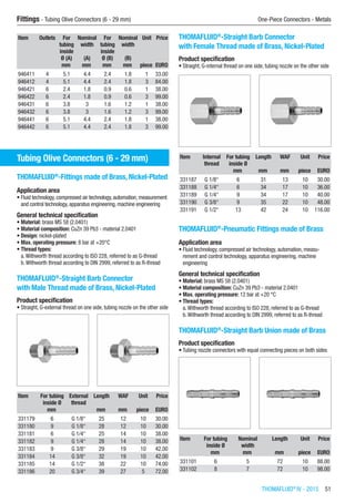 THOMAFLUID®
IV - 2015  51
Fittings - Tubing Olive Connectors (6 - 29 mm)	 One-Piece Connectors - Metals
Item Outlets For
tubing
inside
Ø (A)
Nominal
width
(A)
For
tubing
inside
Ø (B)
Nominal
width
(B)
Unit Price
​ ​ mm mm mm mm piece EURO
946411 4 5.1 4.4 2.4 1.8 1 33.00
946412 4 5.1 4.4 2.4 1.8 3 84.00
946421 6 2.4 1.8 0.9 0.6 1 38.00
946422 6 2.4 1.8 0.9 0.6 3 99.00
946431 6 3.8 3 1.6 1.2 1 38.00
946432 6 3.8 3 1.6 1.2 3 99.00
946441 6 5.1 4.4 2.4 1.8 1 38.00
946442 6 5.1 4.4 2.4 1.8 3 99.00
Tubing Olive Connectors (6 - 29 mm)
THOMAFLUID®
-Fittings made of Brass, Nickel-Plated
Application area
•	Fluid technology, compressed air technology, automation, measurement
and control technology, apparatus engineering, machine engineering
General technical specification
•	Material: brass MS 58 (2.0401)
•	Material composition: CuZn 39 Pb3 - material 2.0401
•	Design: nickel-plated
•	Max. operating pressure: 8 bar at +20°C
•	Thread types:
a.Withworth thread according to ISO 228, referred to as G-thread
b.Withworth thread according to DIN 2999, referred to as R-thread​
THOMAFLUID®
-Straight Barb Connector
with Male Thread made of Brass, Nickel-Plated
Product specification
•	Straight, G-external thread on one side, tubing nozzle on the other side​​
Item For tubing
inside Ø
External
thread
Length WAF Unit Price
​ mm ​ mm mm piece EURO
331179 6 G 1/8“ 25 12 10 30.00
331180 9 G 1/8“ 28 12 10 30.00
331181 6 G 1/4“ 25 14 10 38.00
331182 9 G 1/4“ 28 14 10 38.00
331183 9 G 3/8“ 29 19 10 42.00
331184 14 G 3/8“ 32 19 10 42.00
331185 14 G 1/2“ 38 22 10 74.00
331186 20 G 3/4“ 39 27 5 72.00
THOMAFLUID®
-Straight Barb Connector
with Female Thread made of Brass, Nickel-Plated
Product specification
•	Straight, G-internal thread on one side, tubing nozzle on the other side​​
Item Internal
thread
For tubing
inside Ø
Length WAF Unit Price
​ ​ mm mm mm piece EURO
331187 G 1/8“ 6 31 13 10 30.00
331188 G 1/4“ 6 34 17 10 36.00
331189 G 1/4“ 9 34 17 10 40.00
331190 G 3/8“ 9 35 22 10 48.00
331191 G 1/2“ 13 42 24 10 116.00
THOMAFLUID®
-Pneumatic Fittings made of Brass
Application area
•	Fluid technology, compressed air technology, automation, measu-
rement and control technology, apparatus engineering, machine
engineering
General technical specification
•	Material: brass MS 58 (2.0401)
•	Material composition: CuZn 39 Pb3 - material 2.0401
•	Max. operating pressure: 12 bar at +20 °C
•	Thread types:
a.Withworth thread according to ISO 228, referred to as G-thread
b.Withworth thread according to DIN 2999, referred to as R-thread​
THOMAFLUID®
-Straight Barb Union made of Brass
Product specification
•	Tubing nozzle connectors with equal connecting pieces on both sides
​​
Item For tubing
inside Ø
Nominal
width
Length Unit Price
​ mm mm mm piece EURO
331101 6 5 72 10 88.00
331102 8 7 72 10 98.00
 