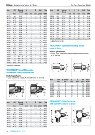 54  THOMAFLUID®
IV - 2015
Fittings - Screw Joints for Tubings (2 - 12 mm)	 One-Piece Connectors - Metals
Item NW External
thread
L l D Unit Price
​ mm ​ mm mm mm piece EURO
50173 6/8 R 1/8“ 27 6 15 10 34.00
50174 6/10 R 1/8“ 27 6 15 10 34.00
50175 8/10 R 1/8“ 27 6 17 10 34.00
50176 7/12 R 1/8“ 27 6 17 10 34.00
50177 4/6 R 1/4“ 28 8 11 10 34.00
50178 6/8 R 1/4“ 30 8 15 10 34.00
50179 6/10 R 1/4“ 30 8 15 10 34.00
50180 8/10 R 1/4“ 30 8 17 10 46.00
50181 8/12 R 1/4“ 30 8 17 10 46.00
50182 4/6 R 3/8“ 29 9 11 10 54.00
50183 6/8 R 3/8“ 31 9 15 10 54.00
50184 6/10 R 3/8“ 31 9 15 10 54.00
50185 8/10 R 3/8“ 31 9 17 10 60.00
50186 8/12 R 3/8“ 31 9 17 10 60.00
50187 4/6 R 1/2“ 33 10 11 5 34.00
50188 6/8 R 1/2“ 35 10 15 5 40.00
50189 6/10 R 1/2“ 35 10 15 5 40.00
50190 8/10 R 1/2“ 35 10 17 5 45.00
50191 8/12 R 1/2“ 35 10 17 5 45.00
50192 12/16 R 1/2“ 37 10 21 5 46.00
50193 4/6 NPT 1/8“ 30 11 11 10 29.00
50194 4/6 NPT 1/4“ 37 15 11 10 34.00
50195 6/8 NPT 1/4“ 39 15 15 10 34.00
50196 6/10 NPT 1/4“ 39 15 15 10 34.00
1
suitable for manometer
THOMAFLUID®
-Straight Connector
with Female Thread made of Brass
Product specification
•	Tubing connection on one side, R-internal thread on the other side​​
Item NW Internal
thread
L l D Unit Price
​ mm ​ mm mm mm piece EURO
50199 3/5 R 1/8“ 21 6 8.5 10 34.00
50200 4/6 R 1/8“ 25 6 11 10 36.00
50201 6/8 R 1/8“ 27 6 15 10 36.00
50202 6/10 R 1/8“ 27 6 15 10 36.00
50203 8/10 R 1/8“ 27 6 17 10 36.00
50204 8/12 R 1/8“ 27 6 17 10 36.00
50205 4/6 R 1/4“ 28 6 11 10 44.00
502061
6/8 R 1/4“ 30 8 15 10 50.00
502071
6/10 R 1/4“ 30 8 15 10 50.00
502081
8/10 R 1/4“ 30 8 17 10 54.00
Item NW Internal
thread
L l D Unit Price
​ mm ​ mm mm mm piece EURO
502091
8/12 R 1/4“ 30 8 17 10 54.00
50210 4/6 R 3/8“ 29 9 11 10 59.00
50211 6/8 R 3/8“ 31 9 15 10 59.00
50212 6/10 R 3/8“ 31 9 15 10 62.00
50213 8/10 R 3/8“ 31 9 17 10 62.00
50214 8/12 R 3/8“ 31 9 17 10 62.00
50215 4/6 R 1/2“ 33 10 11 10 72.00
502161
6/8 R 1/2“ 35 10 15 10 72.00
502171
6/10 R 1/2“ 35 10 15 10 72.00
502181
8/10 R 1/2“ 35 10 17 10 80.00
502191
8/12 R 1/2“ 35 10 17 10 80.00
502201
12/16 R 1/2“ 37 10 21 10 77.00
1
suitable for manometer
THOMAFLUID®
-Soldered Connecting Nozzle
made of Brass
Product specification
•	Straight, tubing connection on one side, soldered connecting nozzle
on the other side​​
Item NW Ø adapter D L Unit Price
​ mm mm mm mm piece EURO
50225 2/3 4 ​ 16 10 13.00
50226 3/5 4 8.5 24 10 21.00
50227 4/6 6 11 35 10 26.00
50228 6/8 8 15 37 10 31.00
50229 6/10 8 15 37 10 31.00
50230 8/10 10 17 37 10 41.00
50231 8/12 10 17 37 10 41.00
THOMAFLUID®
-Elbow Connector
with Male Thread made of Brass
 