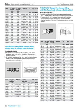 56  THOMAFLUID®
IV - 2015
Fittings - Screw Joints for Imperial Pipes (1/16“ - 1/2“)	 One-Piece Connectors - Metals
Item For pipes
outside
Ø (A)
For pipes
outside
Ø (B)
Material L Unit Price
​ inch inch ​ mm piece EURO
54748 1/8“ 1/8“ stainless steel 36.1 1 61.00
54749 1/8“ 1/8“ brass 36.1 1 16.00
54750 1/4“ 1/16“ stainless steel 35.3 1 62.00
54751 1/4“ 1/16“ brass 35.3 1 15.00
54752 1/4“ 1/8“ stainless steel 38.9 1 62.00
54753 1/4“ 1/8“ brass 38.9 1 16.00
54754 1/4“ 1/4“ stainless steel 40.9 1 61.00
54755 1/4“ 1/4“ brass 40.9 1 16.00
54756 3/8“ 1/4“ stainless steel 43.7 1 62.00
54757 3/8“ 1/4“ brass 43.7 1 18.00
54758 3/8“ 3/8“ stainless steel 46.1 1 61.00
54759 3/8“ 3/8“ brass 46.1 1 18.00
54760 1/2“ 1/4“ stainless steel 48.1 1 87.00
54761 1/2“ 1/4“ brass 48.1 1 29.00
54762 1/2“ 3/8“ stainless steel 50.1 1 87.00
54763 1/2“ 3/8“ brass 50.1 1 29.00
54764 1/2“ 1/2“ stainless steel 53.3 1 89.00
54765 1/2“ 1/2“ brass 53.3 1 29.00
THOMAFLUID®
-Straight Pipe Screwed Fitting
made of Brass or Stainless Steel - Bulkhead
Product specification
•	Pipe bulkhead screwed fittings with through bore, made of brass
or stainless steel 1.4401 (SS 316, US standard) for connection of
standard capillaries.
•	On both sides fitted with bite-type fitting joints, long screwed shank
with lock nut for arrestment of the joint.This method of sealing
ensures almost zero dead volume.​​
Item For pipes
outside Ø
Material Control
panel bore
L Unit Price
​ inch ​ mm mm piece EURO
54767 1/8“ stainless steel 12.7 51.8 1 92.00
54768 1/8“ brass 12.7 51.8 1 34.00
54769 1/4“ stainless steel 13.5 57.7 1 92.00
54780 1/4“ brass 13.5 57.7 1 34.00
54781 3/8“ stainless steel 14.3 63.5 1 92.00
54782 3/8“ brass 14.3 63.5 1 34.00
54783 1/2“ stainless steel 15.1 73.2 1 123.00
54784 1/2“ brass 15.1 73.2 1 36.00
THOMAFLUID®
-Straight Pipe Screwed Fitting
with Male Thread made of Brass or Stainless Steel
Product specification
•	Screw-in connectors with through bore made of brass or stainless
steel 1.4401 (SS 316, US standard) for connection of micro-capillaries.
•	Fitted on one side with a conical NPT-external thread for pressure-
proof connection to vessels and valves, on the other side with a
bite-type fitting joint.This method of sealing ensures almost zero dead
volume.​​
Item For pipes
outside Ø
External
thread
Material L Unit Price
​ inch ​ ​ mm piece EURO
54615 1/16“ NPT 1/16“ stainless steel 24.6 1 50.00
54616 1/16“ NPT 1/16“ brass 24.6 1 23.00
54617 1/16“ NPT 1/8“ stainless steel 26.1 1 50.00
54618 1/16“ NPT 1/8“ brass 26.1 1 23.00
54619 1/16“ NPT 1/4“ stainless steel 31.8 1 50.00
54620 1/16“ NPT 1/4“ brass 31.8 1 23.00
54621 1/8“ NPT 1/16“ stainless steel 30.1 1 39.00
54622 1/8“ NPT 1/16“ brass 30 1 20.00
54623 1/8“ NPT 1/8“ stainless steel 30.1 1 39.00
54624 1/8“ NPT 1/8“ brass 30 1 20.00
54625 1/8“ NPT 1/4“ stainless steel 35.6 1 39.00
54626 1/8“ NPT 1/4“ brass 35.6 1 20.00
54627 1/4“ NPT 1/8“ stainless steel 32.8 1 39.00
54628 1/4“ NPT 1/8“ brass 32.8 1 20.00
54629 1/4“ NPT 1/4“ stainless steel 37.6 1 39.00
54630 1/4“ NPT 1/4“ brass 37.6 1 20.00
54631 1/4“ NPT 3/8“ stainless steel 38.4 1 44.00
54632 1/4“ NPT 3/8“ brass 38.4 1 20.00
54633 1/4“ NPT 1/2“ stainless steel 43.9 1 44.00
54634 1/4“ NPT 1/2“ brass 43.9 1 21.00
54635 3/8“ NPT 1/8“ stainless steel 35.6 1 44.00
54636 3/8“ NPT 1/8“ brass 35.6 1 21.00
54637 3/8“ NPT 1/4“ stainless steel 40.4 1 44.00
54638 3/8“ NPT 1/4“ brass 40.4 1 21.00
54639 3/8“ NPT 3/8“ stainless steel 40.4 1 59.00
54640 3/8“ NPT 3/8“ brass 40.4 1 33.00
54641 3/8“ NPT 1/2“ stainless steel 46.1 1 61.00
54642 3/8“ NPT 1/2“ brass 46 1 33.00
54643 1/2“ NPT 1/4“ stainless steel 44.5 1 61.00
54644 1/2“ NPT 1/4“ brass 44.5 1 33.00
54645 1/2“ NPT 3/8“ stainless steel 44.5 1 70.00
54646 1/2“ NPT 3/8“ brass 44.5 1 33.00
54647 1/2“ NPT 1/2“ stainless steel 44.3 1 70.00
54648 1/2“ NPT 1/2“ brass 44.3 1 33.00
 