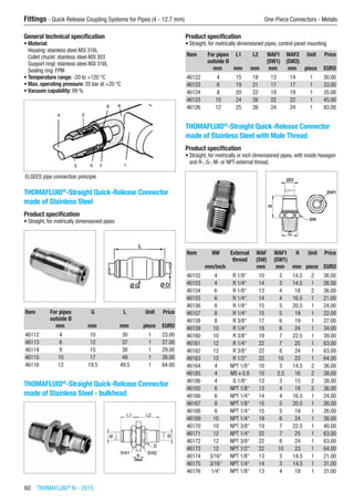 Fittings - Quick Release Coupling Systems for Pipes (4 - 12.7 mm)	 One-Piece Connectors - Metals
60  THOMAFLUID®
IV - 2015
General technical specification
•	Material:
Housing: stainless steel AISI 316L
Collet chuckl: stainless steel AISI 303
Support ringl: stainless steel AISI 316L
Sealing ring: FPM
•	Temperature range: -20 to +120 °C
•	Max. operating pressure: 20 bar at +20 °C
•	Vacuum capability: 99 %
ELGEES pipe connection principle
THOMAFLUID®
-Straight Quick-Release Connector
made of Stainless Steel
Product specification
•	Straight, for metrically dimensioned pipes​​
Item For pipes
outside Ø
G L Unit Price
​ mm mm mm piece EURO
46112 4 10 30 1 23.00
46113 6 12 37 1 27.00
46114 8 15 38 1 29.00
46115 10 17 49 1 38.00
46116 12 19.5 49.5 1 64.00
THOMAFLUID®
-Straight Quick-Release Connector
made of Stainless Steel - bulkhead
Product specification
•	Straight, for metrically dimensioned pipes, control panel mounting​​
Item For pipes
outside Ø
L1 L2 WAF1
(SW1)
WAF2
(SW2)
Unit Price
​ mm mm mm mm mm piece EURO
46122 4 15 18 13 14 1 30.00
46123 6 19 21 17 17 1 33.00
46124 8 20 22 19 19 1 35.00
46125 10 24 26 22 22 1 45.00
46126 12 25 26 24 24 1 93.00
THOMAFLUID®
-Straight Quick-Release Connector
made of Stainless Steel with Male Thread
Product specification
•	Straight, for metrically or inch dimensioned pipes, with inside hexagon
and R-, G-, M- or NPT-external thread.​​
Item NW External
thread
WAF
(SW)
WAF1
(SW1)
H Unit Price
​ mm/inch ​ mm mm mm piece EURO
46152 4 R 1/8“ 10 3 14.5 2 36.00
46153 4 R 1/4“ 14 3 14.5 1 26.00
46154 6 R 1/8“ 13 4 18 2 36.00
46155 6 R 1/4“ 14 4 16.5 1 21.00
46156 8 R 1/8“ 15 5 20.5 1 24.00
46157 8 R 1/4“ 15 5 19 1 22.00
46158 8 R 3/8“ 17 6 19 1 27.00
46159 10 R 1/4“ 19 6 24 1 34.00
46160 10 R 3/8“ 19 7 22.5 1 39.00
46161 12 R 1/4“ 22 7 25 1 63.00
46162 12 R 3/8“ 22 8 24 1 63.00
46163 12 R 1/2“ 22 10 23 1 64.00
46164 4 NPT 1/8“ 10 3 14.5 2 36.00
46185 4 M5 x 0.8 10 2.5 16 2 38.00
46186 4 G 1/8“ 13 3 15 2 38.00
46165 6 NPT 1/8“ 13 4 18 2 36.00
46166 6 NPT 1/4“ 14 4 16.5 1 24.00
46167 8 NPT 1/8“ 15 5 20.5 1 26.00
46168 8 NPT 1/4“ 15 5 19 1 26.00
46169 10 NPT 1/4“ 19 6 24 1 38.00
46170 10 NPT 3/8“ 19 7 22.5 1 40.00
46171 12 NPT 1/4“ 22 7 25 1 63.00
46172 12 NPT 3/8“ 22 8 24 1 63.00
46173 12 NPT 1/2“ 22 10 23 1 64.00
46174 3/16“ NPT 1/8“ 13 3 14.5 1 21.00
46175 3/16“ NPT 1/4“ 14 3 14.5 1 31.00
46176 1/4“ NPT 1/8“ 13 4 18 1 31.00
 