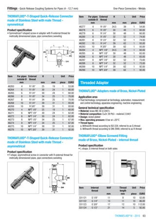 Fittings - Quick Release Coupling Systems for Pipes (4 - 12.7 mm)	 One-Piece Connectors - Metals
THOMAFLUID®
IV - 2015  63
THOMAFLUID®
-T-Shaped Quick-Release Connector
made of Stainless Steel with male Thread -
symmetrical
Product specification
•	Symmetrical T-shaped screw-in adapter with R-external thread for
metrically dimensioned pipes, pipe connections swiveling​​
Item For pipes
outside Ø
External
thread
H L Unit Price
​ mm ​ mm mm piece EURO
46263 4 R 1/8“ 25 19 1 53.00
46264 6 R 1/8“ 30 24 1 60.00
46265 6 R 1/4“ 30 24 1 60.00
46266 8 R 1/8“ 34 25 1 70.00
46267 8 R 1/4“ 34 25 1 70.00
46268 10 R 1/4“ 39 31 1 93.00
46269 10 R 3/8“ 39 31 1 93.00
46270 4 NPT 1/8“ 25 19 1 60.00
46271 6 NPT 1/8“ 30 24 1 62.00
46272 6 NPT 1/4“ 30 24 1 62.00
46273 8 NPT 1/8“ 34 25 1 67.00
46274 8 NPT 1/4“ 34 25 1 67.00
46275 10 NPT 1/4“ 39 31 1 92.00
46276 10 NPT 3/8“ 39 31 1 92.00
THOMAFLUID®
-T-Shaped Quick-Release Connector
made of Stainless Steel with male Thread -
asymmetrical
Product specification
•	T-shape, asymmetrical screw-in connector with R-external thread for
metrically dimensioned pipes, pipe connections swiveling​​
Item For pipes
outside Ø
External
thread
H L Unit Price
​ mm ​ mm mm piece EURO
46277 4 R 1/8“ 24.5 39 1 54.00
46278 6 R 1/8“ 30 48 1 60.00
46279 6 R 1/4“ 30 48 1 60.00
46280 8 R 1/8“ 32 52 1 74.00
46281 8 R 1/4“ 32 52 1 74.00
46282 10 R 1/4“ 39 62 1 93.00
46283 10 R 3/8“ 39 62 1 93.00
46284 4 NPT 1/8“ 24.5 39 1 60.00
46285 6 NPT 1/8“ 30 48 1 65.00
46286 6 NPT 1/4“ 30 48 1 65.00
46287 8 NPT 1/8“ 32 52 1 73.00
46288 8 NPT 1/4“ 32 52 1 73.00
46289 10 NPT 1/4“ 39 62 1 92.00
46290 10 NPT 3/8“ 39 62 1 92.00
Threaded Adapter
THOMAFLUID®
-Adapters made of Brass, Nickel-Plated
Application area
•	Fluid technology, compressed air technology, automation, measurement
and control technology, apparatus engineering, machine engineering
General technical specification
•	Material: brass MS 58 (2.0401)
•	Material composition: CuZn 39 Pb3 - material 2.0401
•	Design: nickel-plated
•	Max. operating pressure: 8 bar at +20°C
•	Thread types:
a.Withworth thread according to ISO 228, referred to as G-thread
b.Withworth thread according to DIN 2999, referred to as R-thread​
THOMAFLUID®
-Elbow Screwed Fitting
made of Brass, Nickel-Plated - internal thread
Product specification
•	L-shape, G-internal thread on both sides​​
Item Internal
thread
WAF Thread
length
Unit Price
​ ​ mm mm piece EURO
331121 G 1/8“ 11 8 10 52.00
331122 G 1/4“ 13 11 10 86.00
331123 G 3/8“ 17 12 10 112.00
331124 G 1/2“ 21 14 5 92.00
 