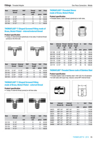 Fittings - Threaded Adapter	 One-Piece Connectors - Metals
THOMAFLUID®
IV - 2015  65
Item Internal
thread
WAF Thread
length
Unit Price
​ ​ mm mm piece EURO
331137 G 1/8“ 11 8 10 62.00
331138 G 1/4“ 13 11 10 94.00
331139 G 3/8“ 17 12 5 70.00
331140 G 1/2“ 21 14 5 98.00
THOMAFLUID®
-T-Shaped Screwed Fitting made of
Brass, Nickel-Plated - internal/external thread
Product specification
•	T-shape, G-internal thread (cylindrical) on two sides, R-external thread
(conical) on the third side​​
Item Internal
thread
External
thread
WAF Thread
length
Unit Price
​ ​ ​ mm mm piece EURO
331141 G 1/8“ R 1/8“ 11 8 10 62.00
331142 G 1/4“ R 1/4“ 13 11 10 94.00
331143 G 3/8“ R 3/8“ 17 12 5 70.00
331144 G 1/2“ R 1/2“ 21 14 5 98.00
THOMAFLUID®
-T-Shaped Screwed Fitting
made of Brass, Nickel-Plated - external thread
Product specification
•	T-shape, R-external thread (conical) on all three sides​​
Item External
thread
WAF Thread
length
Unit Price
​ ​ mm mm piece EURO
331133 R 1/8“ 10 8 10 62.00
331134 R 1/4“ 11 11 10 94.00
331135 R 3/8“ 13 12 5 70.00
331136 R 1/2“ 17 14 5 98.00
THOMAFLUID®
-Threaded Sleeve
made of Brass, Nickel-Plated
Product specification
•	Threaded sleeve, male G-thread (cylindrical) on both sides.​​
Item Internal
thread
(A)
Thread
length
(A)
Internal
thread
(B)
Thread
length
(B)
h Unit Price
​ ​ mm ​ mm mm piece EURO
331168 G 1/8“ 8 G 1/8“ 8 15 10 26.00
331172 G 1/8“ 8 G 1/4“ 11 19.6 10 40.00
331169 G 1/4“ 11 G 1/4“ 11 22 10 40.00
331173 G 1/4“ 11 G 3/8“ 12 23 10 62.00
331170 G 3/8“ 12 G 3/8“ 12 24 10 66.00
331171 G 1/2“ 15 G 1/2“ 15 30 10 92.00
331174 G 1/2“ 15 G 3/4“ 17 30 10 106.00
THOMAFLUID®
-Threaded Sleeve made of Stainless Steel
Product specification
•	Threaded adapter made of stainless steel 1.4401 (SS 316, US standard)
•	On both sides with equal resp. reduced, conical NPT-internal thread​​
Item Internal
thread (A)
Internal
thread (B)
L Unit Price
​ ​ ​ mm piece EURO
54875 NPT 1/8“ NPT 1/8“ 19.1 1 27.00
54877 NPT 1/4“ NPT 1/8“ 23.9 1 40.00
54879 NPT 1/4“ NPT 1/4“ 28.7 1 40.00
54881 NPT 3/8“ NPT 1/4“ 28.7 1 46.00
54883 NPT 3/8“ NPT 3/8“ 28.7 1 52.00
54885 NPT 1/2“ NPT 1/4“ 35.1 1 75.00
54887 NPT 1/2“ NPT 3/8“ 38.1 1 77.00
54889 NPT 1/2“ NPT 1/2“ 38.1 1 75.00
 