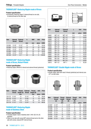 Fittings - Threaded Adapter	 One-Piece Connectors - Metals
66  THOMAFLUID®
IV - 2015
THOMAFLUID®
-Reducing Nipple made of Brass
Product specification
•	Accessories: Reducing nipple, G-internal thread on one side,
G-external thread on the other side​​
Item Internal
thread
External
thread
h WAF Unit Price
​ ​ ​ mm mm piece EURO
331095 G 1/8“ G 1/4“ 13 17 10 32.00
331096 G 1/4“ G 3/8“ 14 19 10 34.00
331097 G 1/4“ G 1/2“ 15 24 10 46.00
331098 G 3/8“ G 1/2“ 15 24 10 40.00
331099 G 1/2“ G 3/4“ 21 32 5 76.00
331100 G 1/2“ G 1“ 20 36 5 120.00
THOMAFLUID®
-Reducing Nipple
made of Brass, Nickel-Plated
Product specification
•	Reducing nipple, different G-internal and external thread (cylindrical)​​
Item Internal
thread
Thread
length (A)
External
thread
Thread
length (B)
Unit Price
​ ​ mm ​ mm piece EURO
331175 G 1/8“ 13 G 1/4“ 8 10 28.00
331176 G 1/4“ 14 G 3/8“ 9 10 36.00
331177 G 3/8“ 15.5 G 1/2“ 10 10 52.00
331178 G 1/2“ 17.5 G 3/4“ 12 10 86.00
THOMAFLUID®
-Reducing Nipple
made of Stainless Steel
Product specification
•	Threaded adapter made of stainless steel 1.4401 (SS 316, US
standard)
•	Fitted on one side with conical NPT-external thread and on the other
side with conical, reduced NPT-internal thread.​​
Item Internal
thread
External
thread
L Unit Price
​ ​ ​ mm piece EURO
54862 NPT 1/4“ NPT 1/8“ 31.1 1 34.00
54866 NPT 1/2“ NPT 1/4“ 36.6 1 49.00
54868 NPT 1/2“ NPT 1/8“ 38.1 1 77.00
54870 NPT 1/2“ NPT 1/4“ 43.1 1 64.00
54872 NPT 1/2“ NPT 3/8“ 43.1 1 64.00
54892 NPT 1/8“ NPT 1/4“ 21.3 1 21.00
54894 NPT 1/8“ NPT 3/8“ 21.3 1 23.00
54896 NPT 1/4“ NPT 3/8“ 21.3 1 29.00
54898 NPT 1/8“ NPT 1/2“ 27.7 1 41.00
54900 NPT 1/4“ NPT 1/2“ 27.7 1 44.00
54902 NPT 3/8“ NPT 1/2“ 27.7 1 44.00
54904 NPT 1/4“ NPT 3/4“ 29.7 1 49.00
54906 NPT 3/8“ NPT 3/4“ 29.7 1 49.00
54908 NPT 1/2“ NPT 3/4“ 29.7 1 59.00
54910 NPT 1/2“ NPT 1“ 35.5 1 85.00
THOMAFLUID®
-Double Nipple made of Brass
Product specification
•	Double nipple, fitted with male G-thread (cylindrical) and internal cone
(37°) on both sides.​​
Item External
thread
(A)
Thread
length
(A)
External
thread
(B)
Thread
length
(B)
Unit Price
​ ​ mm ​ mm piece EURO
331087 G 1/8“ 7 G 1/8“ 7 10 34.00
331088 G 1/8“ 7 G 1/4“ 9 10 42.00
331089 G 1/4“ 9 G 1/4“ 9 10 42.00
331090 G 1/4“ 9 G 3/8“ 10 10 50.00
331091 G 1/4“ 9 G 1/2“ 12.5 10 84.00
331092 G 3/8“ 10 G 3/8“ 10 10 50.00
331093 G 3/8“ 10 G 1/2“ 12.5 10 74.00
331094 G 1/2“ 12.5 G 1/2“ 12.5 10 78.00
 