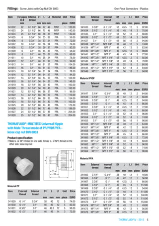 THOMAFLUID®
IV - 2015  5
Fittings - Screw Joints with Cap Nut DIN 8063	 One-Piece Connectors - Plastics
Item For pipes
O-Ø
Internal
thread
D1 L L2 Material Unit Price
​ mm ​ mm mm mm ​ piece EURO
341602 22 G 1 1/2“ 66 77 46 PVDF 1 132.00
341603 24 G 1 1/2“ 66 77 46 PVDF 1 142.00
341604 25 G 1 1/2“ 66 78 47 PVDF 1 142.00
341605 6 G 3/4“ 38 53 31 PFA 1 56.00
341606 8 G 3/4“ 38 53 31 PFA 1 72.00
341607 10 G 3/4“ 38 56 34 PFA 1 76.00
341608 12 G 3/4“ 38 59 37 PFA 1 92.00
341609 6 G 1“ 46 55 31 PFA 1 58.00
341610 8 G 1“ 46 55 31 PFA 1 68.00
341611 10 G 1“ 46 58 34 PFA 1 78.00
341612 12 G 1“ 46 61 37 PFA 1 94.00
341613 14 G 1“ 46 61 37 PFA 1 104.00
341614 16 G 1“ 46 61 37 PFA 1 146.00
341615 10 G 1 1/4“ 56 61 34 PFA 1 78.00
341616 12 G 1 1/4“ 56 64 37 PFA 1 94.00
341617 14 G 1 1/4“ 56 64 37 PFA 1 104.00
341618 16 G 1 1/4“ 56 64 37 PFA 1 148.00
341619 18 G 1 1/4“ 56 70 43 PFA 1 160.00
341620 20 G 1 1/4“ 56 70 43 PFA 1 162.00
341621 12 G 1 1/2“ 66 68 37 PFA 1 96.00
341622 14 G 1 1/2“ 66 68 37 PFA 1 110.00
341623 16 G 1 1/2“ 66 68 37 PFA 1 154.00
341624 18 G 1 1/2“ 66 74 43 PFA 1 162.00
341625 20 G 1 1/2“ 66 74 43 PFA 1 172.00
341626 22 G 1 1/2“ 66 77 46 PFA 1 186.00
341627 24 G 1 1/2“ 66 77 46 PFA 1 204.00
341628 25 G 1 1/2“ 66 78 47 PFA 1 204.00
THOMAFLUID®
-MULTITEC Universal Nipple
with Male Thread made of PP/PVDF/PFA -
loose cap nut DIN 8063
Product specification
•	Male G- or NPT-thread on one side, female G- or NPT-thread on the
other side, loose cap nut​​
Material PP​​
Item External
thread
Internal
thread
D1 L L1 Unit Price
​ ​ ​ mm mm mm piece EURO
341629 G 1/4“ G 3/4“ 38 40 12 5 74.00
341630 G 1/4“ G 1“ 46 42 12 5 82.00
341631 G 3/8“ G 1“ 46 42.5 12 5 98.00
341632 G 1/2“ G 1“ 46 45 14 3 72.00
Item External
thread
Internal
thread
D1 L L1 Unit Price
​ ​ ​ mm mm mm piece EURO
341633 G 3/8“ G 1 1/4“ 56 45.5 12 5 92.00
341634 G 1/2“ G 1 1/4“ 56 48 14 3 78.00
341635 G 1“ G 1 1/4“ 56 52 18 2 88.00
341636 G 1/2“ G 1 1/2“ 66 52 14 3 84.00
341637 G 1“ G 1 1/2“ 66 56 18 2 94.00
341638 NPT 1/4“ NPT 3/4“ 38 40 12 5 74.00
341639 NPT 1/4“ NPT 1“ 46 42 12 5 82.00
341640 NPT 3/8“ NPT 1“ 46 42.5 12 5 98.00
341641 NPT 1/2“ NPT 1“ 46 45 14 3 72.00
341642 NPT 3/8“ NPT 1 1/4“ 56 45.5 12 5 92.00
341643 NPT 1/2“ NPT 1 1/4“ 56 48 14 3 78.00
341644 NPT 1“ NPT 1 1/4“ 56 52 18 2 88.00
341645 NPT 1/2“ NPT 1 1/2“ 66 52 14 3 84.00
341646 NPT 1“ NPT 1 1/2“ 66 56 18 2 94.00
Material PVDF
Item External
thread
Internal
thread
D1 L L1 Unit Price
​ ​ ​ mm mm mm piece EURO
341647 G 1/4“ G 3/4“ 38 40 12 2 64.00
341648 G 1/4“ G 1“ 46 42 12 2 68.00
341649 G 3/8“ G 1“ 46 42.5 12 2 94.00
341650 G 1/2“ G 1“ 46 45 14 1 66.00
341651 G 3/8“ G 1 1/4“ 56 45.5 12 2 72.00
341652 G 1/2“ G 1 1/4“ 56 48 14 1 68.00
341653 G 1“ G 1 1/4“ 56 52 18 1 96.00
341654 G 1/2“ G 1 1/2“ 66 52 14 1 74.00
341655 G 1“ G 1 1/2“ 66 56 18 1 98.00
341656 NPT 1/4“ NPT 3/4“ 38 40 12 2 64.00
341657 NPT 1/4“ NPT 1“ 46 42 12 2 68.00
341658 NPT 3/8“ NPT 1“ 46 42.5 12 2 94.00
341659 NPT 1/2“ NPT 1“ 46 45 14 1 66.00
341660 NPT 3/8“ NPT 1 1/4“ 56 45.5 12 2 72.00
341661 NPT 1/2“ NPT 1 1/4“ 56 48 14 1 68.00
341662 NPT 1“ NPT 1 1/4“ 56 52 18 1 96.00
341663 NPT 1/2“ NPT 1 1/2“ 66 52 14 1 74.00
341664 NPT 1“ NPT 1 1/2“ 66 56 18 1 98.00
Material PFA
Item External
thread
Internal
thread
D1 L L1 Unit Price
​ ​ ​ mm mm mm piece EURO
341665 G 1/4“ G 3/4“ 38 40 12 1 49.00
341666 G 1/4“ G 1“ 46 42 12 1 56.00
341667 G 3/8“ G 1“ 46 42.5 12 1 80.00
341668 G 1/2“ G 1“ 46 45 14 1 112.00
341669 G 3/8“ G 1 1/4“ 56 45.5 12 1 54.00
341670 G 1/2“ G 1 1/4“ 56 48 14 1 114.00
341671 G 1“ G 1 1/4“ 56 52 18 1 148.00
341672 G 1/2“ G 1 1/2“ 66 52 14 1 110.00
341673 G 1“ G 1 1/2“ 66 56 18 1 154.00
341674 NPT 1/4“ NPT 3/4“ 38 40 12 1 49.00
341675 NPT 1/4“ NPT 1“ 46 42 12 1 56.00
341676 NPT 3/8“ NPT 1“ 46 42.5 12 1 80.00
 