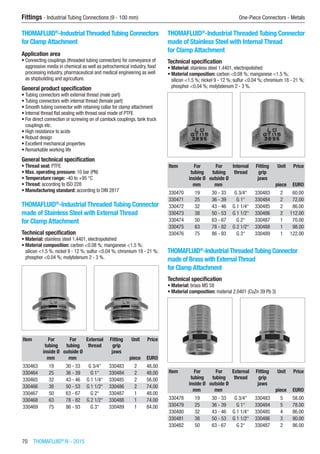 Fittings - Industrial Tubing Connections (9 - 100 mm)	 One-Piece Connectors - Metals
70  THOMAFLUID®
IV - 2015
THOMAFLUID®
-Industrial Threaded Tubing Connectors
for Clamp Attachment
Application area
•	Connecting couplings (threaded tubing connectors) for conveyance of
aggressive media in chemical as well as petrochemical industry, food
processing industry, pharmaceutical and medical engineering as well
as shipbuilding and agriculture.
General product specification
•	Tubing connectors with external thread (male part)
•	Tubing connectors with internal thread (female part)
•	Smooth tubing connector with retaining collar for clamp attachment
•	Internal thread flat sealing with thread seal made of PTFE
•	For direct connection or screwing on of camlock couplings, tank truck
couplings etc.
•	High resistance to acids
•	Robust design
•	Excellent mechanical properties
•	Remarkable working life
General technical specification
•	Thread seal: PTFE
•	Max. operating pressure: 10 bar (PN)
•	Temperature range: -40 to +95 °C
•	Thread: according to ISO 228
•	Manufacturing standard: according to DIN 2817​
THOMAFLUID®
-lndustrial Threaded Tubing Connector
made of Stainless Steel with External Thread
for Clamp Attachment
Technical specification
•	Material: stainless steel 1.4401, electropolished
•	Material composition: carbon <0.08 %; manganese <1.5 %;
silicon <1.5 %; nickel 9 - 12 %; sulfur <0.04 %; chromium 18 - 21 %;
phosphor <0.04 %; molybdenum 2 - 3 %.
​​
Item For
tubing
inside Ø
For
tubing
outside Ø
External
thread
Fitting
grip
jaws
Unit Price
​ mm mm ​ ​ piece EURO
330463 19 30 - 33 G 3/4“ 330483 2 48.00
330464 25 36 - 39 G 1“ 330484 2 48.00
330465 32 43 - 46 G 1 1/4“ 330485 2 56.00
330466 38 50 - 53 G 1 1/2“ 330486 2 74.00
330467 50 63 - 67 G 2“ 330487 1 48.00
330468 63 78 - 82 G 2 1/2“ 330488 1 74.00
330469 75 86 - 93 G 3“ 330489 1 84.00
THOMAFLUID®
-lndustrial Threaded Tubing Connector
made of Stainless Steel with Internal Thread
for Clamp Attachment
Technical specification
•	Material: stainless steel 1.4401, electropolished
•	Material composition: carbon <0.08 %; manganese <1.5 %;
silicon <1.5 %; nickel 9 - 12 %; sulfur <0.04 %; chromium 18 - 21 %;
phosphor <0.04 %; molybdenum 2 - 3 %.​​
Item For
tubing
inside Ø
For
tubing
outside Ø
Internal
thread
Fitting
grip
jaws
Unit Price
​ mm mm ​ ​ piece EURO
330470 19 30 - 33 G 3/4“ 330483 2 60.00
330471 25 36 - 39 G 1“ 330484 2 72.00
330472 32 43 - 46 G 1 1/4“ 330485 2 86.00
330473 38 50 - 53 G 1 1/2“ 330486 2 112.00
330474 50 63 - 67 G 2“ 330487 1 70.00
330475 63 78 - 82 G 2 1/2“ 330488 1 98.00
330476 75 86 - 93 G 3“ 330489 1 122.00
THOMAFLUID®
-lndustrial Threaded Tubing Connector
made of Brass with External Thread
for Clamp Attachment
Technical specification
•	Material: brass MS 58
•	Material composition: material 2.0401 (CuZn 39 Pb 3)​​
Item For
tubing
inside Ø
For
tubing
outside Ø
External
thread
Fitting
grip
jaws
Unit Price
​ mm mm ​ ​ piece EURO
330478 19 30 - 33 G 3/4“ 330483 5 58.00
330479 25 36 - 39 G 1“ 330484 5 78.00
330480 32 43 - 46 G 1 1/4“ 330485 4 86.00
330481 38 50 - 53 G 1 1/2“ 330486 3 90.00
330482 50 63 - 67 G 2“ 330487 2 86.00
 