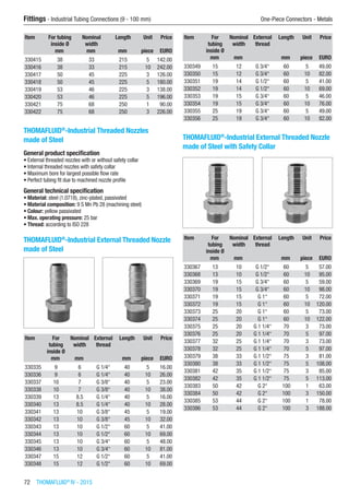 Fittings - Industrial Tubing Connections (9 - 100 mm)	 One-Piece Connectors - Metals
72  THOMAFLUID®
IV - 2015
Item For tubing
inside Ø
Nominal
width
Length Unit Price
​ mm mm mm piece EURO
330415 38 33 215 5 142.00
330416 38 33 215 10 242.00
330417 50 45 225 3 126.00
330418 50 45 225 5 180.00
330419 53 46 225 3 138.00
330420 53 46 225 5 196.00
330421 75 68 250 1 90.00
330422 75 68 250 3 226.00
THOMAFLUID®
-lndustrial Threaded Nozzles
made of Steel
General product specification
•	External threaded nozzles with or without safety collar
•	Internal threaded nozzles with safety collar
•	Maximum bore for largest possible flow rate
•	Perfect tubing fit due to machined nozzle profile
General technical specification
•	Material: steel (1.0718), zinc-plated, passivated
•	Material composition: 9 S Mn Pb 28 (machining steel)
•	Colour: yellow passivated
•	Max. operating pressure: 25 bar
•	Thread: according to ISO 228​
THOMAFLUID®
-lndustrial External Threaded Nozzle
made of Steel​​
Item For
tubing
inside Ø
Nominal
width
External
thread
Length Unit Price
​ mm mm ​ mm piece EURO
330335 9 6 G 1/4“ 40 5 16.00
330336 9 6 G 1/4“ 40 10 26.00
330337 10 7 G 3/8“ 40 5 23.00
330338 10 7 G 3/8“ 40 10 38.00
330339 13 8.5 G 1/4“ 40 5 16.00
330340 13 8.5 G 1/4“ 40 10 28.00
330341 13 10 G 3/8“ 45 5 19.00
330342 13 10 G 3/8“ 45 10 32.00
330343 13 10 G 1/2“ 60 5 41.00
330344 13 10 G 1/2“ 60 10 69.00
330345 13 10 G 3/4“ 60 5 48.00
330346 13 10 G 3/4“ 60 10 81.00
330347 15 12 G 1/2“ 60 5 41.00
330348 15 12 G 1/2“ 60 10 69.00
Item For
tubing
inside Ø
Nominal
width
External
thread
Length Unit Price
​ mm mm ​ mm piece EURO
330349 15 12 G 3/4“ 60 5 49.00
330350 15 12 G 3/4“ 60 10 82.00
330351 19 14 G 1/2“ 60 5 41.00
330352 19 14 G 1/2“ 60 10 69.00
330353 19 15 G 3/4“ 60 5 46.00
330354 19 15 G 3/4“ 60 10 76.00
330355 25 19 G 3/4“ 60 5 49.00
330356 25 19 G 3/4“ 60 10 82.00
THOMAFLUID®
-lndustrial External Threaded Nozzle
made of Steel with Safety Collar​​
Item For
tubing
inside Ø
Nominal
width
External
thread
Length Unit Price
​ mm mm ​ mm piece EURO
330367 13 10 G 1/2“ 60 5 57.00
330368 13 10 G 1/2“ 60 10 95.00
330369 19 15 G 3/4“ 60 5 59.00
330370 19 15 G 3/4“ 60 10 98.00
330371 19 15 G 1“ 60 5 72.00
330372 19 15 G 1“ 60 10 120.00
330373 25 20 G 1“ 60 5 73.00
330374 25 20 G 1“ 60 10 122.00
330375 25 20 G 1 1/4“ 70 3 73.00
330376 25 20 G 1 1/4“ 70 5 97.00
330377 32 25 G 1 1/4“ 70 3 73.00
330378 32 25 G 1 1/4“ 70 5 97.00
330379 38 33 G 1 1/2“ 75 3 81.00
330380 38 33 G 1 1/2“ 75 5 108.00
330381 42 35 G 1 1/2“ 75 3 85.00
330382 42 35 G 1 1/2“ 75 5 113.00
330383 50 42 G 2“ 100 1 63.00
330384 50 42 G 2“ 100 3 150.00
330385 53 44 G 2“ 100 1 78.00
330386 53 44 G 2“ 100 3 188.00
 