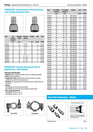 THOMAFLUID®
IV - 2015  73
Fittings - Industrial Tubing Connections (9 - 100 mm)	 One-Piece Connectors - Metals
THOMAFLUID®
-lndustrial Internal Threaded Nozzle
made of Steel with Safety Collar​​
Item For
tubing
inside Ø
Nominal
width
Internal
thread
Length Unit Price
​ mm mm ​ mm piece EURO
330357 19 15 G 3/4“ 65 5 65.00
330358 19 15 G 3/4“ 65 10 109.00
330359 19 15 G 1“ 65 5 86.00
330360 19 15 G 1“ 65 10 144.00
330361 25 20 G 1“ 65 5 92.00
330362 25 20 G 1“ 65 10 154.00
330363 25 20 G 1 1/4“ 70 3 90.00
330364 25 20 G 1 1/4“ 70 5 124.00
330365 32 25 G 1 1/4“ 75 3 94.00
330366 32 25 G 1 1/4“ 75 5 136.00
THOMAFLUID®
-Industrial Hose Clamp made of
Malleable Iron - DIN 20039A/B
Technical specification
•	Material: white malleable iron (DIN 1692), zinc-plated, passivated
•	Colour: yellow passivated
•	Temperature range: good tensile limit ensures the use of white
malleable iron even at high temperatures
•	Hardness: the toughness of the material prevents a brittle fracture at
overstress
•	Design:
DIN 20039A: two parts with loose saddle
DIN 20039B: two parts with loose saddle and safety claws
•	Max. operating pressure:
DIN 20039A: 16 bar at +20 °C
DIN 20039B: 25 bar at +20 °C​​
Item For tubing
inside Ø
For tubing
outside Ø
Design Unit Price
​ mm mm ​ piece EURO
330425 13 22 - 29 DIN 20039A 5 28.00
330426 13 22 - 29 DIN 20039A 10 48.00
330427 19 28 - 34 DIN 20039A 5 32.00
330428 19 28 - 34 DIN 20039A 10 54.00
330429 25 32 - 40 DIN 20039A 5 38.00
330430 25 32 - 40 DIN 20039A 10 64.00
330431 32 39 - 49 DIN 20039A 5 50.00
330432 32 39 - 49 DIN 20039A 10 84.00
330433 38 48 - 60 DIN 20039A 5 58.00
330434 38 48 - 60 DIN 20039A 10 98.00
330435 50 56 - 72 DIN 20039A 5 64.00
330436 50 56 - 72 DIN 20039A 10 106.00
330437 63 77 - 94 DIN 20039A 3 68.00
330438 63 77 - 94 DIN 20039A 5 94.00
330439 75 89 - 101 DIN 20039A 3 84.00
330440 75 89 - 101 DIN 20039A 5 118.00
330441 75 94 - 115 DIN 20039A 3 84.00
330442 75 94 - 115 DIN 20039A 5 118.00
330443 39 113 - 127 DIN 20039A 1 36.00
330444 39 113 - 127 DIN 20039A 3 90.00
330445 39 115 - 145 DIN 20039A 1 42.00
330446 89 115 - 145 DIN 20039A 3 102.00
330447 13 22 - 29 DIN 20039B 5 40.00
330448 13 22 - 29 DIN 20039B 10 70.00
330449 19 28 - 32 DIN 20039B 5 42.00
330450 19 28 - 32 DIN 20039B 10 74.00
330451 25 35 - 42 DIN 20039B 5 54.00
330452 25 35 - 42 DIN 20039B 10 92.00
330453 28 42 - 45 DIN 20039B 5 66.00
330454 28 42 - 45 DIN 20039B 10 114.00
330455 35 45 - 53 DIN 20039B 5 78.00
330456 35 45 - 53 DIN 20039B 10 132.00
330457 42 55 - 60 DIN 20039B 3 58.00
330458 42 55 - 60 DIN 20039B 5 84.00
330459 50 60 - 73 DIN 20039B 3 64.00
330460 50 60 - 73 DIN 20039B 5 90.00
330461 75 86 - 102 DIN 20039B 1 38.00
330462 75 86 - 102 DIN 20039B 3 94.00
Two-Part Connectors - Metals
metal-two-part Valve
 