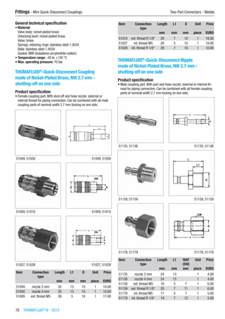 76  THOMAFLUID®
IV - 2015
Fittings - Mini Quick-Disconnect Couplings	 Two-Part Connectors - Metals
General technical specification
•	Material:
Valve body: nickel-plated brass
Unlocking bush: nickel-plated brass
Valve: brass
Springs, retaining rings: stainless steel 1.4034
Balls: stainless steel 1.4034
Gasket: NBR (butadiene-acrylonitrile-rubber)
•	Temperature range: -40 to +120 °C
•	Max. operating pressure: 70 bar​
THOMAFLUID®
-Quick-Disconnect Coupling
made of Nickel-Plated Brass, NW 2.7 mm -
shutting-off on one side
Product specification
•	Female coupling part.With shut-off and hose nozzle; external or
internal thread for piping connection. Can be combined with all male
coupling parts of nominal width 2.7 mm locking on one side.​​
51049, 51050 51049, 51050
51009, 51010 51009, 51010
51027, 51028 51027, 51028
Item Connection
type
Length L1 D Unit Price
​ ​ mm mm mm piece EURO
51049 nozzle 3 mm 35 13 10 1 10.00
51050 nozzle 4 mm 35 13 10 1 10.00
51009 ext. thread M5 26 5 10 1 17.00
Item Connection
type
Length L1 D Unit Price
​ ​ mm mm mm piece EURO
51010 ext. thread R 1/8“ 28 7 10 1 18.00
51027 int. thread M5 26 5 10 1 10.00
51028 int. thread R 1/8“ 28 7 10 1 10.00
THOMAFLUID®
-Quick-Disconnect Nipple
made of Nickel-Plated Brass, NW 2.7 mm -
shutting-off on one side
Product specification
•	Male coupling part.With port and hose nozzle; external or internal th-
read for piping connection. Can be combined with all female coupling
parts of nominal width 2.7 mm locking on one side.​​
51135, 51136 51135, 51136
51158, 51159 51158, 51159
51178, 51179 51178, 51179
Item Connection
type
Length L1 WAF
(SW)
Unit Price
​ ​ mm mm mm piece EURO
51135 nozzle 3 mm 24 13 ​ 1 4.00
51136 nozzle 4 mm 24 13 ​ 1 4.00
51158 ext. thread M5 18 5 7 1 6.00
51159 ext. thread R 1/8“ 20 7 11 1 6.00
51178 int. thread M5 17 5 7 1 5.00
51179 int. thread R 1/8“ 19 7 12 1 5.00
 