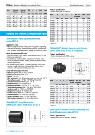 6  THOMAFLUID®
IV - 2015
Fittings - Bonding and Welding Connectors for Pipes	 One-Piece Connectors - Plastics
Item External
thread
Internal
thread
D1 L L1 Unit Price
​ ​ ​ mm mm mm piece EURO
341677 NPT 1/2“ NPT 1“ 46 45 14 1 112.00
341678 NPT 3/8“ NPT 1 1/4“ 56 45.5 12 1 54.00
341679 NPT 1/2“ NPT 1 1/4“ 56 48 14 1 114.00
341680 NPT 1“ NPT 1 1/4“ 56 52 18 1 148.00
341681 NPT 1/2“ NPT 1 1/2“ 66 52 14 1 110.00
341682 NPT 1“ NPT 1 1/2“ 66 56 18 1 154.00
Bonding and Welding Connectors for Pipes
THOMAFLUID®
-Piping System Components
made of PVC-U
Application area
•	Chemical and pharmaceutical industry, plant and apparatus engineering,
environmental technology, process engineering, sewage and water treat-
ment technology, electrical engineering, building and construction industry
General product specification
•	Corrosion-resistant, impact resistant, but sensitive to impact in the cold
•	High mechanical stability
•	Resistant to salt solutions, diluted, partly also concentrated acids
and alkalis, nonpolar solvents, gasoline, mineral oil, greases, alcohol,
aliphatic hydrocarbons.
•	Not resistant to polar solvents, e.g. esters, chlorinated hydrocarbon,
ketones, aromatic hydrocarbons, benzene, liquid halogen, oleum-
containing sulfuric acid, concentrated nitric acid.
General technical specification
•	Material: rigid PVC (PVC-U); impact resistant
•	Colour: grey, according to RAL 7011
•	Density: 1.39 g/cm3
•	Max. temperature: +60 °C for neutral media, for a short time +80 °C
•	Vicat softening point: +70 °C to +90 °C (5 kg, DIN 53460)
•	Glass transition temperature: approx. +90 °C
•	Shore hardness D: 83º - 85º (DIN 53505)
•	Expansion coefficient: 0.7 - 0.8 x 10-4
K-1
(DIN 52328)
•	Tensile elastic modulus: 2800 - 3300 N/mm2
(DIN 53457)
•	Tensile strength: 55 - 70 N/mm2
(DIN 53455)
•	Elongation at break: 8 - 20 % (DIN 53455)
•	Limiting flexural stress: 75 - 100 N/mm2
(DIN 53452)
•	Volume resistivity: >1016
Ohm x cm (DIN 53482)
•	Surface resistance: approx. 1013
Ohm (DIN 53482)
•	El. breakdown strength: 40 - 50 kV/mm (DIN 53481)​
THOMAFLUID®
-Straight Connector
with Bonded Socket Joints made of PVC-U​​
Product specification
•	Bonded socket joints on both sides
Item d D L h Max. op.
pressure1
Unit Price
​ mm mm mm mm bar piece EURO
350086 6 12 27 3 16 10 28.00
350087 8 14 28 3 16 10 28.00
350088 10 16 28 3 16 10 28.00
350089 12 19 28 3 16 10 28.00
350090 16 26 31 3 16 10 28.00
350091 20 31 35 3 16 10 28.00
350092 25 39 40 3 16 10 28.00
350093 32 49 47 3 16 10 32.00
350094 40 60 55 3 16 10 46.00
350095 50 75 65 3 16 10 58.00
350096 63 89 78 3 16 10 78.00
1
at +20 °C
THOMAFLUID®
-Straight Connector with Bonded
Socket Joints made of PVC-U - detachable
Product specification
•	Bonded socket joints, with EPDM-sealing​​
Item d D L h External
thread
Max. op.
pressure1
Unit Price
​ mm mm mm mm ​ bar piece EURO
350077 10 31 37 13 R 5/8“ 16 5 55.00
350078 12 31 37 13 R 5/8“ 16 5 55.00
350079 16 34 41 13 R 3/4“ 16 5 58.00
350080 20 42 45 13 R 1“ 16 5 58.00
350081 25 53 51 13 R 1 1/4“ 16 5 62.00
350082 32 58 58 13 R 1 1/2“ 16 5 80.00
350083 40 73 67 15 R 2“ 16 5 92.00
350084 50 83 80 17 R 2 1/4“ 16 3 70.00
350085 63 103 99 21 R 2 3/4“ 16 3 92.00
1
at +20 °C
THOMAFLUID®
-Straight Connector (reducing) with
Bonded Socket Joint made of PVC-U
Product specification
•	Bonded socket joints on both sides, reducing​​
 