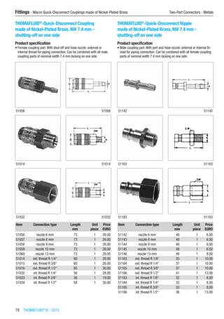 Fittings - Macro Quick-Disconnect Couplings made of Nickel-Plated Brass	 Two-Part Connectors - Metals
78  THOMAFLUID®
IV - 2015
THOMAFLUID®
-Quick-Disconnect Coupling
made of Nickel-Plated Brass, NW 7.4 mm -
shutting-off on one side
Product specification
•	Female coupling part.With shut-off and hose nozzle; external or
internal thread for piping connection. Can be combined with all male
coupling parts of nominal width 7.4 mm locking on one side.​​
51056 51056
51014 51014
51032 51032
Item Connection type Length Unit Price
​ ​ mm piece EURO
51056 nozzle 6 mm 73 1 28.00
51057 nozzle 8 mm 73 1 28.00
51058 nozzle 9 mm 73 1 28.00
51059 nozzle 10 mm 73 1 28.00
51060 nozzle 13 mm 73 1 28.00
51014 ext. thread R 1/4“ 60 1 28.00
51015 ext. thread R 3/8“ 60 1 28.00
51016 ext. thread R 1/2“ 65 1 30.00
51032 int. thread R 1/4“ 56 1 28.00
51033 int. thread R 3/8“ 56 1 19.00
51034 int. thread R 1/2“ 58 1 30.00
THOMAFLUID®
-Quick-Disconnect Nipple
made of Nickel-Plated Brass, NW 7.4 mm -
shutting-off on one side
Product specification
•	Male coupling part.With port and hose nozzle; external or internal th-
read for piping connection. Can be combined with all female coupling
parts of nominal width 7.4 mm locking on one side.​​
51142 51142
51163 51163
51183 51183
Item Connection type Length Unit Price
​ ​ mm piece EURO
51142 nozzle 6 mm 48 1 6.00
51143 nozzle 8 mm 48 1 6.00
51144 nozzle 9 mm 48 1 6.00
51145 nozzle 10 mm 48 1 6.00
51146 nozzle 13 mm 49 1 8.00
51163 ext. thread R 1/8“ 35 1 10.00
51164 ext. thread R 1/4“ 37 1 10.00
51165 ext. thread R 3/8“ 37 1 10.00
51166 ext. thread R 1/2“ 41 1 12.00
51183 int. thread R 1/8“ 32 1 8.00
51184 int. thread R 1/4“ 33 1 8.00
51185 int. thread R 3/8“ 33 1 8.00
51186 int. thread R 1/2“ 36 1 13.00
 