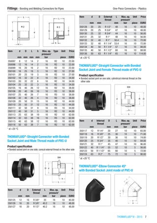 THOMAFLUID®
IV - 2015  7
Fittings - Bonding and Welding Connectors for Pipes	 One-Piece Connectors - Plastics
Item d D L h Max. op.
pressure1
Type Unit Price
​ mm mm mm mm bar ​ piece EURO
350097 8 12 14 2 16 R2 10 22.00
350098 12 16 14 2 16 R2 10 22.00
350099 16 20 16 2 16 R2 10 22.00
350100 16 25 19 3 16 R2 10 27.00
350101 20 25 19 3 16 R2 10 27.00
350102 16 32 22 8 16 R2 10 34.00
350103 20 32 22 6 16 R2 10 34.00
350104 25 32 22 3 16 R2 10 34.00
350105 16 40 26 12 16 R2 10 38.00
350106 20 40 26 10 16 R3 10 38.00
350107 25 40 26 7 16 R3 10 38.00
350108 32 40 26 4 16 R2 10 38.00
350109 20 50 31 15 16 R2 10 44.00
350110 25 50 31 12 16 R2 10 44.00
350111 32 50 31 9 16 R3 10 44.00
350112 40 50 31 5 16 R2 10 44.00
350113 25 63 38 19 16 R2 10 62.00
350114 32 63 38 16 16 R3 10 62.00
350115 40 63 38 12 16 R3 10 62.00
350116 50 63 38 7 16 R2 10 62.00
1
at +20 °C
THOMAFLUID®
-Straight Connector with Bonded
Socket Joint and Male Thread made of PVC-U
Product specification
•	Bonded socket joint on one side; conical external thread on the other side​​
Item d D External
thread
L Max. op.
pressure1
Unit Price
​ mm mm ​ mm bar piece EURO
350125 12 16 R 3/8“ 35 16 10 40.00
350126 16 20 R 3/8“ 40.2 16 10 48.00
350127 16 20 R 1/2“ 40.2 16 10 48.00
Item d D External
thread
L Max. op.
pressure1
Unit Price
​ mm mm ​ mm bar piece EURO
350128 20 25 R 1/2“ 48 16 10 48.00
350129 20 25 R 3/4“ 47 16 10 48.00
350130 25 32 R 3/4“ 44 16 10 56.00
350131 25 32 R 1“ 48 16 10 56.00
350132 32 40 R 1“ 50.4 16 10 72.00
350133 32 40 R 1 1/4“ 53.4 16 10 72.00
350134 40 50 R 1 1/4“ 57 16 10 88.00
350135 40 50 R 1 1/2“ 60 16 10 88.00
350136 50 63 R 1 1/4“ 65 16 10 114.00
1
at +20 °C
THOMAFLUID®
-Straight Connector with Bonded
Socket Joint and Female Thread made of PVC-U
Product specification
•	Bonded socket joint on one side; cylindrical internal thread on the
other side​​
Item d Internal
thread
D L Max. op.
pressure1
Unit Price
​ mm ​ mm mm bar piece EURO
350117 12 R 1/4“ 20 27 10 10 65.00
350118 16 R 3/8“ 25 30 10 10 71.00
350119 20 R 1/2“ 30 36 10 10 74.00
350120 25 R 3/4“ 35 40 10 10 84.00
350121 32 R 1“ 45 47 10 10 96.00
350122 40 R 1 1/4“ 55 52 10 5 56.00
350123 50 R 1 1/2“ 65 60 10 5 72.00
350124 63 R 2“ 75 72 10 5 90.00
1
at +20 °C
THOMAFLUID®
-Elbow Connector 45º
with Bonded Socket Joint made of PVC-U
 