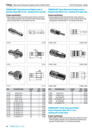 90  THOMAFLUID®
IV - 2015
Fittings - Macro Quick-Disconnect Couplings made of Stainless Steel	 Two-Part Connectors - Metals
THOMAFLUID®
-Quick-Disconnect Nipple made of
Stainless Steel, NW 7.4 mm - shutting-off on one side
Product specification
•	Male coupling part.With port and hose nozzle; external or internal th-
read for piping connection. Can be combined with all female coupling
parts of nominal width 7.4 mm locking on one side.​​
51129 51129
51153 51153
51173 51173
Item Connection type Length Unit Price
​ ​ mm piece EURO
51129 nozzle 6 mm 48 1 18.00
51130 nozzle 8 mm 48 1 18.00
51131 nozzle 9 mm 48 1 18.00
51132 nozzle 10 mm 48 1 18.00
51133 nozzle 13 mm 49 1 26.00
51153 ext. thread R 1/8“ 35 1 21.00
51154 ext. thread R 1/4“ 37 1 21.00
51155 ext. thread R 3/8“ 37 1 21.00
51156 ext. thread R 1/2“ 41 1 21.00
51173 int. thread R 1/8“ 32 1 28.00
51174 int. thread R 1/4“ 33 1 28.00
51175 int. thread R 3/8“ 33 1 28.00
51176 int. thread R 1/2“ 36 1 30.00
THOMAFLUID®
-Quick-Disconnect Coupling made of
Stainless Steel, NW 2.7 mm - shutting-off on both sides
Product specification
•	Female coupling part.With shut-off and hose nozzle; external or
internal thread for piping connection. Can be combined with all male
coupling parts of nominal width 2.7 mm locking on both sides.​​
51096, 51097 51096, 51097
51062, 51063 51062, 51063
51080, 51081 51080, 51081
Item Connection type Length Unit Price
​ ​ mm piece EURO
51096 nozzle 3 mm 35 1 108.00
51097 nozzle 4 mm 35 1 108.00
51062 ext. thread M5 26 1 91.00
51063 ext. thread R 1/8“ 28 1 91.00
51080 int. thread M5 26 1 96.00
51081 int. thread R 1/8“ 28 1 96.00
THOMAFLUID®
-Quick-Disconnect Nipple
made of Stainless Steel, NW 2.7 mm -
shutting-off on both sides
Product specification
•	Male coupling part.With shut-off and hose nozzle; external or internal
thread for piping connection. Can be combined with all female coup-
ling parts of nominal width 2.7 mm locking on both sides.​​
 