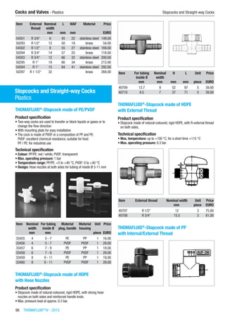 96  THOMAFLUID®
IV - 2015
Cocks and Valves - Plastics	 Stopcocks and Straight-way Cocks
Item External
thread
Nominal
width
L WAF Material Price
​ ​ mm mm mm ​ EURO
54501 R 3/8“ 6 45 22 stainless steel 149.00
50293 R 1/2“ 12 50 19 brass 54.00
54502 R 1/2“ 8 55 27 stainless steel 169.00
50294 R 3/4“ 14 57 25 brass 118.00
54503 R 3/4“ 12 66 32 stainless steel 200.00
50295 R 1“ 19 80 34 brass 215.00
54504 R 1“ 15 84 41 stainless steel 292.00
50297 R 1 1/2“ 32 ​ ​ brass 269.00
Stopcocks and Straight-way Cocks
Stopcocks and Straight-way Cocks
Plastics
THOMAFLUID®
-Stopcock made of PE/PVDF
Product specification
•	Two-way cocks are used to transfer or block liquids or gases or to
change the flow direction
•	With mounting plate for easy installation
•	The cock is made of PVDF or a composition of PP and PE:
PVDF: excellent chemical resistance, suitable for food
PP / PE: for industrial use
Technical specification
•	Colour: PP/PE: red / white, PVDF: transparent
•	Max. operating pressure: 1 bar
•	Temperature range: PP/PE: +5 to +40 °C, PVDF: 0 to +40 °C
•	Design: Hose nozzles at both sides for tubing of inside Ø 5-11 mm​​
Item Nominal
width
For tubing
inside Ø
Material
plug, handle
Material
housing
Unit Price
​ mm mm ​ ​ piece EURO
33455 4 5 - 7 PE PP 1 16.00
33456 4 5 - 7 PVDF PVDF 1 29.00
33457 6 7 - 9 PE PP 1 18.00
33458 6 7 - 9 PVDF PVDF 1 29.00
33459 8 9 - 11 PE PP 1 18.00
33460 8 9 - 11 PVDF PVDF 1 29.00
THOMAFLUID®
-Stopcock made of HDPE
with Hose Nozzles
Product specification
•	Stopcock made of natural-coloured, rigid HDPE, with strong hose
nozzles on both sides and reinforced handle knob.
•	Max. pressure load at approx. 0.3 bar.​​
Item For tubing
inside Ø
Nominal
width
H L Unit Price
​ mm mm mm mm piece EURO
40709 12.7 9 52 97 5 39.00
40710 9.5 7 37 71 5 39.00
THOMAFLUID®
-Stopcock made of HDPE
with External Thread
Product specification
•	Stopcock made of natural-coloured, rigid HDPE, with R-external thread
on both sides.
Technical specification
•	Max. temperature: up to +100 °C, for a short time +115 °C
•	Max. operating pressure: 0.3 bar​​
Item External thread Nominal width Unit Price
​ ​ mm piece EURO
40707 R 1/2“ 12 3 75.00
40708 R 3/4“ 15.5 3 81.00
THOMAFLUID®
-Stopcock made of PP
with Internal/External Thread
 