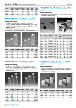 8  THOMAPLAST®
I - 2015
Laboratory Plastics - Bottles, Carboys and Accessories	 Containers
Item Volume Outside Ø Ø neck Height Unit Price
​ ml mm mm mm piece EURO
60969 500 75 45 165 5 59.00
60970 1,000 90 54 210 2 43.00
60971 2,000 120 54 245 2 59.00
THOMAPLAST®
-Wide-Mouth Bottle made of FEP
Product specification
•	Transparent, chemical-resistant, temperature-resistant (up to
+150 °C), sterilizable, shatterproof wide-mouth bottles made of tetra-
fluoroethylene hexafluoropropylene copolymers (FEP), with absolutely
leakproof screw cap.
•	The material is insensitive to lowest temperatures.
•	Preparations, e.g. vaccines, can be frozen up to temperatures of -105 °C.​​
Item Volume Outside Ø Ø neck Height Unit Price
​ ml mm mm mm piece EURO
10933 125 45 28 115 1 82.00
10934 250 58 32 125 1 126.00
10935 500 70 38 155 1 159.00
10936 1,000 90 42 200 1 225.00
THOMAPLAST®
-Wide-Mouth Bottle made of PFA
Product specification
•	Transparent wide-mouth bottle finished with absolutely smooth
surface, made of perfluroalkoxy of high temperature and chemical
resistance.The packing lip integrated into the screw cap guarantees
absolute tightness.​​
Item Volume Outside Ø Ø neck Height Unit Price
​ ml mm mm mm piece EURO
11979 50 37 17 85 1 73.00
11980 100 45 24 120 1 92.00
11981 250 60 33 150 1 121.00
11982 500 75 37 180 1 151.00
11983 1,000 95 49 215 1 205.00
11977 2,000 130 60 245 1 300.00
THOMAPLAST®
-Wide-Mouth Bottle made of PVC -
square
Product specification
•	Square with screw closure.Transparent or brown-transparent (amber
translucent), physiologically safe.​​
Item Volume Design LxW Ø
neck
Height Unit Price
​ ml ​ mm mm mm piece EURO
60973 50 transparent 38 x 38 23 60 10 21.00
60980 50 amber 38 x 38 23 60 10 24.00
60974 100 transparent 46 x 46 31 72 10 25.00
60981 100 amber 46 x 46 31 72 10 27.00
60975 200 transparent 59 x 59 41 87 10 34.00
60982 200 amber 59 x 59 41 87 10 35.00
60976 300 transparent 66 x 66 41 95 6 30.00
60983 300 amber 66 x 66 41 95 6 33.00
60977 500 transparent 80 x 80 54 108 5 29.00
60984 500 amber 80 x 80 54 108 5 31.00
60978 1,000 transparent 95 x 95 69 144 5 36.00
60985 1,000 amber 95 x 95 69 144 5 39.00
THOMAPLAST®
-Wide-Mouth Bottle made of HDPE -
square
Product specification
•	Square, white, opaque, very robust (stable) wide-mouth jar made of
polyethylene (HDPE) with extra large mouth, separate internal seal as
well as leakproof screw closure.​​
Item Volume Dimensions Ø neck Height Unit Price
​ ml mm mm mm piece EURO
10835 750 95 x 95 77 130 5 44.00
10836 1,000 95 x 95 77 155 5 69.00
10837 1,500 95 x 95 77 215 5 77.00
 