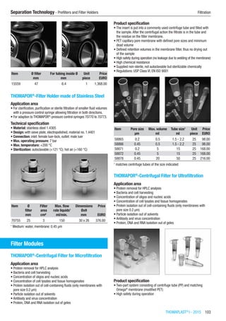 THOMAPLAST®
I - 2015  103
Separation Technology - Prefilters and Filter Holders	 Filtration
Item Ø filter For tubing inside Ø Unit Price
​ mm mm piece EURO
15559 47 6.4 1 1,368.00
THOMAPOR®
-Filter Holder made of Stainless Steel
Application area
•	For clarification, purification or sterile filtration of smaller fluid volumes
with a pressure control syringe allowing filtration in both directions.
•	For adaption to THOMAPOR®
-pressure control syringes 70770 to 70773.
Technical specification
•	Material: stainless steel 1.4305
•	Design: with sieve plate, electropolished, material no. 1.4401
•	Connection: inlet: female luer-lock, outlet: male luer
•	Max. operating pressure: 7 bar
•	Max. temperature: +200 °C
•	Sterilization: autoclavable (+121 °C); hot air (+160 °C)​​
Item Ø
filter
Filter
area
Max. flow
rate liquids1
Dimensions
ØxH
Price
​ mm cm² ml/min. mm EURO
70755 25 3 150 30 x 26 376.00
1
Medium: water, membrane: 0.45 µm
Filter Modules
THOMAPOR®
-Centrifugal Filter for Microfiltration
Application area
•	Protein removal for HPLC analysis
•	Bacteria and cell harvesting
•	Concentration of oligos and nucleic acids
•	Concentration of cell lysates and tissue homogenates
•	Protein isolation out of cell-containing fluids (only membranes with
pore size 0.2 µm)
•	Particle isolation out of solvents
•	Antibody and virus concentration
•	Protein, DNA and RNA isolation out of geles
Product specification
•	The insert is put into a commonly used centrifuge tube and filled with
the sample.After the centrifugal action the filtrate is in the tube and
the residue on the filter membrane.
•	PET capillary pore membrane with defined pore sizes and minimum
dead volume
•	Defined retention volumes in the membrane filter, thus no drying out
of the sample
•	High safety during operation (no leakage due to welding of the membrane)
•	High chemical resistance
•	Supplied non-sterile, not autoclavable but sterilizable chemically
•	Regulations: USP Class VI, EN ISO 9001​​
Item Pore size Max. volume Tube size1
Unit Price
​ µm ml ml piece EURO
58865 0.2 0.5 1.5 - 2.2 25 98.00
58866 0.45 0.5 1.5 - 2.2 25 98.00
58871 0.2 5 15 25 168.00
58872 0.45 5 15 25 168.00
58878 0.45 20 50 25 216.00
1
matches centrifuge tubes of the size indicated
THOMAPOR®
-Centrifugal Filter for Ultrafiltration
Application area
•	Protein removal for HPLC analysis
•	Bacteria and cell harvesting
•	Concentration of oligos and nucleic acids
•	Concentration of cell lysates and tissue homogenates
•	Protein isolation out of cell-containing fluids (only membranes with
pore size 0.2 µm)
•	Particle isolation out of solvents
•	Antibody and virus concentration
•	Protein, DNA and RNA isolation out of geles​​
Product specification
•	Two-part system consisting of centrifuge tube (PP) and matching
Omega®
membrane (modified PET)
•	High safety during operation
 