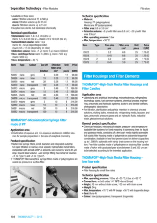 104  THOMAPLAST®
I - 2015
Separation Technology - Filter Modules	 Filtration
•	Available in three sizes:
nano: Filtration volume of 50 to 500 µl
micro: Filtration volume up to 3.5 ml
macro: Filtration volume up to 15 ml
•	Supplied non-sterile, but sterilizable chemically
Technical specification
•	Dimensions: nano: 1.4 x 4.5 cm (OD x L),
micro: 1.7 x 9.3 cm (OD x L), macro: 2.9 x 10.9 cm (OD x L)
•	Concentrated volume: nano: 15 µl
micro: 30 - 50 µl (depending on rotor)
macro: 0.5 - 1.5 ml (depending on rotor)
•	Retention volume: nano: <5 µl, micro: 5 µl, macro: 0.03 ml
•	Max. centrifugal force: nano: 14,000 x g, micro: 7500 x g
macro: 5000 x g
•	Max. temperature: +40 °C
Item Type Colour Cut off Effective
filter area
Unit Price
​ ​ ​ kDalton cm² piece EURO
58867 nano grey 3 0.28 12 98.00
58868 nano blue 10 0.28 12 98.00
58869 nano red 30 0.28 12 98.00
58870 nano transparent 100 0.28 12 98.00
58873 micro grey 3 0.46 12 168.00
58874 micro blue 10 0.46 12 168.00
58875 micro red 30 0.46 12 168.00
58876 micro transparent 100 0.46 12 168.00
58879 macro grey 3 10 6 216.00
58880 macro blue 10 10 6 216.00
58881 macro red 30 10 6 216.00
58882 macro transparent 100 10 6 216.00
THOMAPOR®
-Microanalytical Syringe Filter
made of PP
Application area
•	Clarification of aqueous and non-aqueous solutions in milliliter volu-
mes for sample preparation in the area of analytical chemistry.
Product specification
•	Metal-free syringe filters, small diameter and integrated outlet tip
for rapid filtration in narrow-neck vessels; hydrophobic metal filters,
compatible with almost all HPLC solvents, pore sizes 0.2 and 0.45 µm
resp.; lowest dead volume, Luer syringe fitting; two sizes for volumes
<5 ml (Type 1) and >5 ml (Type 2).
•	THOMAPOR®
-Microanalytical syringe filters made of polypropylene are
usable as pressure or suction filter.
Technical specification
•	Material:
Housing: PP (polypropylene)
Membrane: PP (polypropylene)
•	Filter area: 0.8 or 3.9 cm2
•	Retention volume: <8 µl with filter area 0.8 cm2
; <30 µl with filter
area 3.9 cm2
•	Max. operating pressure: 5 bar
•	Max. temperature: +50 °C​​
Item Type Pore size Filter area Unit Price
​ ​ µm cm² piece EURO
15022 1 0.2 0.8 25 125.00
15023 1 0.45 0.8 25 125.00
15024 2 0.2 3.9 25 175.00
15025 2 0.45 3.9 25 175.00
Filter Housings and Filter Elements
THOMAPOR®
-High-Tech Media Filter Housings and
Filter Candles
Application area
•	Laboratory and analytical technology, microelectronics, refrigerating
technology plants, fuel conveyer systems, chemical process enginee-
ring, pneumatic and hydraulic systems, doctor‘s and dentist‘s offices,
photographic laboratories
•	For filtration, clarification and particle retention in chemical process
solutions, etching baths, mineral oils, refrigerating media, lacquers and
dyes, pneumatic pressure gases and air, hydraulic fluids, industrial
water, photochemical solutions.
General product specification
•	Chemical-resistant, mechanically stable, pressure- and temperature-
loadable filter systems for fixed mounting in conveying lines for liquid
and gaseous media, consisting of a two-part media-tightly screwable
full-plastic filter housing made of polyamide or polyamide/trogamide
combination.Available in two field-proven sizes for delivery capacities
up to 1,500 l/h, optionally with handy drain screw on the housing bot-
tom. Fine-filter candles made of polyethylene or straining filter candles
made of nylon with graduated pore sizes between 5 and 350 µm are
to be selected according to the intended application.​
THOMAPOR®
-High-Tech Media Filter Housing -
low flow rate
Product specification
•	Filter housing for small flow rates
Technical specification
•	Max. operating pressure: 10 bar at +30 °C; 6 bar at +85 °C
•	Connections: on both sides 1/4“ NPT internal thread
•	Height: 85 mm without drain screw; 105 mm with drain screw
•	Weight: 50 g
•	Max. temperature: +70 °C with PP design; +50 °C with trogamide design
•	Seal: Buna-N
•	Colour: blue (polypropylene); transparent (trogamide)​​
 