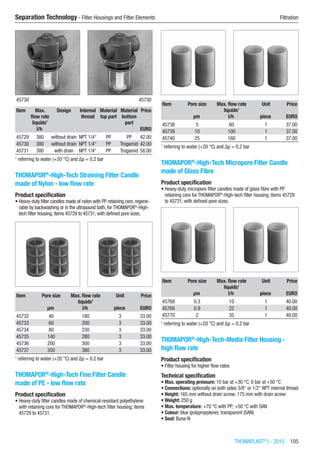 THOMAPLAST®
I - 2015  105
Separation Technology - Filter Housings and Filter Elements	 Filtration
45730 45730
Item Max.
flow rate
liquids1
Design Internal
thread
Material
top part
Material
bottom
part
Price
​ l/h ​ ​ ​ ​ EURO
45729 380 without drain NPT 1/4“ PP PP 42.00
45730 380 without drain NPT 1/4“ PP Trogamid 42.00
45731 380 with drain NPT 1/4“ PP Trogamid 58.00
1
referring to water (+20 °C) and Δp = 0.2 bar
THOMAPOR®
-High-Tech Straining Filter Candle
made of Nylon - low flow rate
Product specification
•	Heavy-duty filter candles made of nylon with PP retaining core, regene-
rable by backwashing or in the ultrasound bath, for THOMAPOR®
-High-
tech filter housing, items 45729 to 45731, with defined pore sizes.​​
Item Pore size Max. flow rate
liquids1
Unit Price
​ µm l/h piece EURO
45732 40 180 3 33.00
45733 60 200 3 33.00
45734 80 230 3 33.00
45735 140 280 3 33.00
45736 200 300 3 33.00
45737 350 380 3 33.00
1
referring to water (+20 °C) and Δp = 0.2 bar
THOMAPOR®
-High-Tech Fine Filter Candle
made of PE - low flow rate
Product specification
•	Heavy-duty filter candles made of chemical-resistant polyethylene
with retaining core for THOMAPOR®
-High-tech filter housing, items
45729 to 45731.​​
Item Pore size Max. flow rate
liquids1
Unit Price
​ µm l/h piece EURO
45738 5 60 1 37.00
45739 10 100 1 37.00
45740 25 160 1 37.00
1
referring to water (+20 °C) and Δp = 0.2 bar
THOMAPOR®
-High-Tech Micropore Filter Candle
made of Glass Fibre
Product specification
•	Heavy-duty micropore filter candles made of glass fibre with PP
retaining core for THOMAPOR®
-High-tech filter housing, items 45729
to 45731, with defined pore sizes.​​
Item Pore size Max. flow rate
liquids1
Unit Price
​ µm l/h piece EURO
45768 0.3 10 1 40.00
45769 0.9 22 1 40.00
45770 2 35 1 40.00
1
referring to water (+20 °C) and Δp = 0.2 bar
THOMAPOR®
-High-Tech-Media Filter Housing -
high flow rate
Product specification
•	Filter housing for higher flow rates
Technical specification
•	Max. operating pressure: 10 bar at +30 °C; 6 bar at +50 °C
•	Connections: optionally on both sides 3/8“ or 1/2“ NPT internal thread
•	Height: 165 mm without drain screw; 175 mm with drain screw
•	Weight: 250 g
•	Max. temperature: +70 °C with PP; +50 °C with SAN
•	Colour: blue (polypropylene); transparent (SAN)
•	Seal: Buna-N​​
 