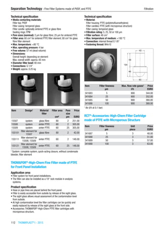 112  THOMAPLAST®
I - 2015
Separation Technology - Fine Filter Systems made of PVDF, and PTFE	 Filtration
Technical specification
•	Media contacting materials:
Filter top: PVDF
Filter casing: tempered glass
Filter candle: optionally sintered PTFE or glass fibre
Sealing rings: FPM
•	Pore sizes (nominal): 2 µm for glass fibre; 25 µm for sintered PTFE
•	Filter area: 60 cm2
for sintered PTFE filter element; 80 cm2
for glass
fibre filter element
•	Max. temperature: +80 °C
•	Max. operating pressure: 4 bar
•	Free volume: 57 ml (dead volume)
•	Dimensions:
Overall height: depending on element
Max. overall width: approx. 65 mm
•	Diameter filter bowl: 40 mm
•	Connections: G 1/4“
•	Weight: approx. 0.25 kg​​
Item Design1
Material
filter
Filter area Pore
size
Price
​ ​ ​ cm² µm EURO
15507 system glass fibre 80 2 251.00
15508 system sinter PTFE 60 2 305.00
15509 system sinter PTFE 60 25 305.00
155101
filter element for
15507
glass fibre 80 2 42.00
155111
filter element for
15508, 15509
sinter PTFE 60 2 148.00
155121
filter element for
15508, 15509
sinter PTFE 60 25 148.00
1
System: complete system, quick-acting closure, without condensate
bleeder, filter element
THOMAPOR®
-High-Chem Fine Filter made of PTFE
for Front Panel Installation
Application area
•	Filter system for front panel installations.
•	The filter can also be installed as a 19“ rack module in analysis
systems.
Product specification
•	Hose or pipe lines are placed behind the front panel.
•	Filter is easily accessible from outside by release of the sight glass.
•	The sight glass allows visual assessment of the contamination level
from outside.
•	At high contamination level the filter cartridges can be quickly and
easily replaced by release of the sight glass at the front side.
•	Accessories:THOMAPOR®
-High-Chem PTFE filter cartridges with
microporous structure.
Technical specification
•	Material:
Filter housing: PTFE (polytetrafluoroethylene)
Filter candles: PTFE (with microporous structure)
Filter casing: tempered glass
•	Filtration rating: 5, 25, 50 or 100 µm
•	Filter surface: 48 cm2
•	Max. temperature of medium: +180 °C
•	Connection: internal thread G 1/8“
•	Fastening thread: M4x10​​
Item Filter fineness Max. flow rate gases1
Price
​ µm l/h EURO
341683 5 900 344.00
341684 25 900 352.00
341685 50 900 360.00
341686 100 900 368.00
1
Air (l/h at 0.1 bar)
RCT®
-Accessories: High-Chem Filter Cartridge
made of PTFE with Microporous Structure​​​
Item Filter fineness Unit Price
​ µm piece EURO
341687 5 3 48.00
341688 25 3 51.00
341689 50 3 57.00
341690 100 3 63.00
 