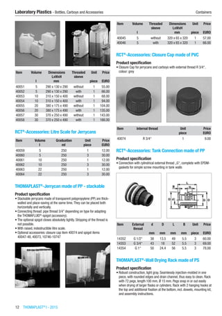 12  THOMAPLAST®
I - 2015
Laboratory Plastics - Bottles, Carboys and Accessories	 Containers
Item Volume Dimensions
LxWxH
Threaded
sleeve
Unit Price
​ l mm ​ piece EURO
40051 5 290 x 130 x 290 without 1 55.00
40052 5 290 x 130 x 290 with 1 66.00
40053 10 310 x 150 x 400 without 1 68.00
40054 10 310 x 150 x 400 with 1 94.00
40055 20 380 x 175 x 490 without 1 104.00
40056 20 380 x 175 x 490 with 1 135.00
40057 30 370 x 250 x 490 without 1 143.00
40058 30 370 x 250 x 490 with 1 166.00
RCT®
-Accessories: Litre Scale for Jerrycans​​​
Item Volume Graduation Unit Price
​ l ml piece EURO
40059 5 250 1 12.00
40060 5 250 3 30.00
40061 10 250 1 12.00
40062 10 250 3 30.00
40063 22 250 1 12.00
40064 22 250 3 30.00
THOMAPLAST®
-Jerrycan made of PP - stackable
Product specification
•	Stackable jerrycans made of transparent polypropylene (PP) are thick-
walled and place-saving at the same time.They can be placed both
horizontally and vertically.
•	Connecting thread: pipe thread 3/4” depending on type for adapting
the THOMAFLUID®
-spigot (accessory).
•	The optional spigot closes absolutely tightly. Stripping of the thread is
not possible.
•	With raised, indestructible litre scale.
•	Optional accessories: closure cap item 40074 and spigot items
40047-48, 40073, 10746-10747​​
Item Volume Threaded
sleeve
Dimensions
LxWxH
Unit Price
​ l ​ mm piece EURO
40045 5 without 320 x 65 x 320 1 57.00
40046 5 with 320 x 65 x 320 1 66.00
RCT®
-Accessories: Closure Cap made of PVC
Product specification
•	Closure Cap for jerrycans and carboys with external thread R 3/4“,
colour: grey​​
Item Internal thread Unit Price
​ ​ piece EURO
40074 R 3/4“ 1 9.00
RCT®
-Accessories: Tank Connection made of PP
Product specification
•	Connection with cylindrical external thread „G“, complete with EPDM-
gaskets for simple screw mounting in tank walls​​
Item External
thread
d D L B Unit Price
​ ​ mm mm mm mm piece EURO
14352 G 1/2“ 38 13.5 49 5.5 3 60.00
14353 G 3/4“ 43 18 52 5.5 3 69.00
14354 G 1“ 50 24.4 56 5.5 3 78.00
THOMAPLAST®
-Wall Drying Rack made of PS
Product specification
•	Robust construction, light gray. Seamlessly injection-molded in one
piece, with rounded edges and drain channel, thus easy to clean. Rack
with 72 pegs, length 100 mm, Ø 15 mm. Pegs snap in or out easily
when drying of larger flasks or cylinders. Rack with 2 hanging hooks at
the top and additional fixation at the bottom, incl. dowels, mounting kit,
and assembly instructions.​​
 