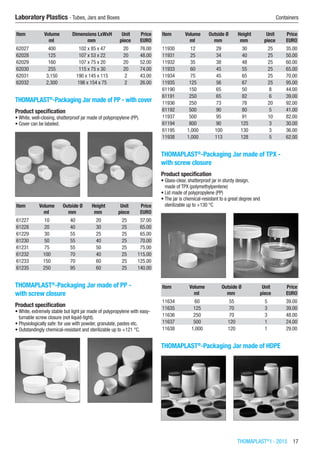 THOMAPLAST®
I - 2015  17
Laboratory Plastics - Tubes, Jars and Boxes	 Containers
Item Volume Dimensions LxWxH Unit Price
​ ml mm piece EURO
62027 400 102 x 85 x 47 20 76.00
62028 125 107 x 53 x 22 20 48.00
62029 160 107 x 75 x 20 20 52.00
62030 255 115 x 75 x 30 20 74.00
62031 3,150 190 x 145 x 115 2 43.00
62032 2,300 198 x 154 x 75 2 26.00
THOMAPLAST®
-Packaging Jar made of PP - with cover
Product specification
•	White, well-closing, shatterproof jar made of polypropylene (PP).
•	Cover can be labeled.​​
Item Volume Outside Ø Height Unit Price
​ ml mm mm piece EURO
61227 10 40 20 25 37.00
61228 20 40 30 25 65.00
61229 30 55 25 25 65.00
61230 50 55 40 25 70.00
61231 75 55 50 25 75.00
61232 100 70 40 25 115.00
61233 150 70 60 25 125.00
61235 250 95 60 25 140.00
THOMAPLAST®
-Packaging Jar made of PP -
with screw closure
Product specification
•	White, extremely stable but light jar made of polypropylene with easy-
turnable screw closure (not liquid-tight).
•	Physiologically safe: for use with powder, granulate, pastes etc.
•	Outstandingly chemical-resistant and sterilizable up to +121 °C.​​
Item Volume Outside Ø Height Unit Price
​ ml mm mm piece EURO
11930 12 29 30 25 35.00
11931 25 34 40 25 50.00
11932 35 38 48 25 60.00
11933 60 45 55 25 65.00
11934 75 45 65 25 70.00
11935 125 56 67 25 95.00
61190 150 65 50 8 44.00
61191 250 65 82 6 39.00
11936 250 73 78 20 92.00
61192 500 90 80 5 41.00
11937 500 95 91 10 82.00
61194 800 90 125 3 30.00
61195 1,000 100 130 3 36.00
11938 1,000 113 128 5 62.00
THOMAPLAST®
-Packaging Jar made of TPX -
with screw closure
Product specification
•	Glass-clear, shatterproof jar in sturdy design,
made of TPX (polymethylpentene)
•	Lid made of polypropylene (PP)
•	The jar is chemical-resistant to a great degree and
sterilizable up to +130 °C​​
Item Volume Outside Ø Unit Price
​ ml mm piece EURO
11634 60 55 5 39.00
11635 125 70 3 39.00
11636 250 70 3 48.00
11637 500 120 1 24.00
11638 1,000 120 1 29.00
THOMAPLAST®
-Packaging Jar made of HDPE​​
 