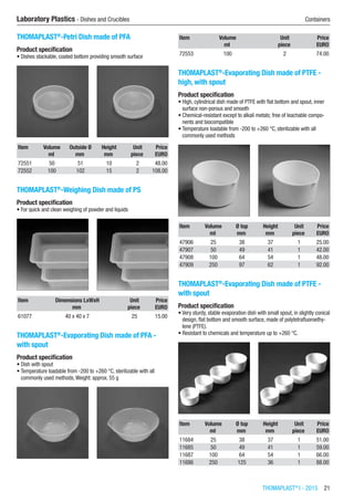 THOMAPLAST®
I - 2015  21
Laboratory Plastics - Dishes and Crucibles	 Containers
THOMAPLAST®
-Petri Dish made of PFA
Product specification
•	Dishes stackable, coated bottom providing smooth surface​​
Item Volume Outside Ø Height Unit Price
​ ml mm mm piece EURO
72551 50 51 10 2 48.00
72552 100 102 15 2 108.00
THOMAPLAST®
-Weighing Dish made of PS
Product specification
•	For quick and clean weighing of powder and liquids​​
Item Dimensions LxWxH Unit Price
​ mm piece EURO
61077 40 x 40 x 7 25 15.00
THOMAPLAST®
-Evaporating Dish made of PFA -
with spout
Product specification
•	Dish with spout
•	Temperature loadable from -200 to +260 °C, sterilizable with all
commonly used methods,Weight: approx. 55 g​​
Item Volume Unit Price
​ ml piece EURO
72553 100 2 74.00
THOMAPLAST®
-Evaporating Dish made of PTFE -
high, with spout
Product specification
•	High, cylindrical dish made of PTFE with flat bottom and spout, inner
surface non-porous and smooth
•	Chemical-resistant except to alkali metals; free of leachable compo-
nents and biocompatible
•	Temperature loadable from -200 to +260 °C, sterilizable with all
commonly used methods​​
Item Volume Ø top Height Unit Price
​ ml mm mm piece EURO
47906 25 38 37 1 25.00
47907 50 49 41 1 42.00
47908 100 64 54 1 48.00
47909 250 97 62 1 92.00
THOMAPLAST®
-Evaporating Dish made of PTFE -
with spout
Product specification
•	Very sturdy, stable evaporation dish with small spout, in slightly conical
design, flat bottom and smooth surface, made of polytetrafluoroethy-
lene (PTFE).
•	Resistant to chemicals and temperature up to +260 °C.​​
Item Volume Ø top Height Unit Price
​ ml mm mm piece EURO
11684 25 38 37 1 51.00
11685 50 49 41 1 59.00
11687 100 64 54 1 66.00
11686 250 125 36 1 88.00
 