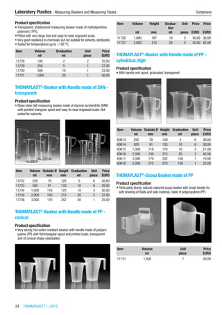24  THOMAPLAST®
I - 2015
Laboratory Plastics - Measuring Beakers and Measuring Flasks	 Containers
Product specification
•	Transparent, shatterproof measuring beaker made of methylpentene
polymers (TPX).
•	Fitted with very large foot and easy-to-read engraved scale.
•	Very good resistance to chemicals, but not suitable for solvents, sterilizable.
•	Suited for temperatures up to +130 °C.
Item Volume Graduation Unit Price
​ ml ml piece EURO
11728 100 2 2 35.00
11729 250 5 1 27.00
11730 500 10 1 33.00
11731 1,000 20 1 56.00
THOMAPLAST®
-Beaker with Handle made of SAN -
transparent
Product specification
•	Glass-clear, tall measuring beaker made of styrene acrylonitrile (SAN)
with pointed triangular spout and easy-to-read engraved scale. Not
suited for solvents.​​
Item Volume Outside Ø Height Graduation Unit Price
​ ml mm mm ml piece EURO
11732 250 70 120 5 6 30.00
11733 500 91 133 10 6 39.00
11734 1,000 116 170 10 3 30.00
11735 2,000 150 215 20 2 37.00
11736 3,000 170 242 50 1 25.00
THOMAPLAST®
-Beaker with Handle made of PP -
conical
Product specification
•	Very sturdy, hot water-resistant beaker with handle made of polypro-
pylene (PP) with flat triangular spout and printed scale, transparent
and of conical shape (stackable).​​
Item Volume Height Gradua-
tion
Unit Price Price
​ ml mm ml piece EURO EURO
11726 1,000 167 10 3 30.00 30.00
11727 2,000 212 20 3 42.00 42.00
THOMAPLAST®
-Beaker with Handle made of PP -
cylindrical, high
Product specification
•	With handle and spout; graduated, transparent​​
Item Volume Outside Ø Height Graduation Unit Price
​ ml mm mm ml piece EURO
60613 250 70 120 5 6 30.00
60614 500 91 133 10 6 30.00
60615 1,000 116 170 10 3 21.00
60616 2,000 150 215 20 3 42.00
60617 3,000 170 242 100 1 19.00
60618 5,000 210 270 100 1 25.00
THOMAPLAST®
-Scoop Beaker made of PP
Product specification
•	Particularly sturdy, natural-coloured scoop beaker with broad handle for
safe drawing of fluids and bulk material, made of polypropylene (PP).​​
Item Volume Unit Price
​ ml piece EURO
11741 1,500 1 20.00
 