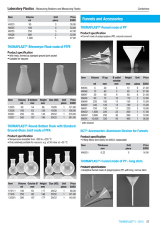 THOMAPLAST®
I - 2015  27
Laboratory Plastics - Measuring Beakers and Measuring Flasks	 Containers
Item Volume Unit Price
​ ml piece EURO
40523 50 3 30.00
40524 100 3 33.00
40525 250 3 42.00
40526 500 2 33.00
40527 1,000 1 27.00
THOMAPLAST®
-Erlenmeyer Flask made of PTFE
Product specification
•	With neck, formed as standard ground joint socket
•	Suitable for vacuum​​
Item Volume Ø bottom Height Size (NS) Unit Price
​ ml mm mm ​ piece EURO
12025 50 54 86 19/26 1 121.00
12026 100 63 128 19/26 1 156.00
94591 250 85 144 29/32 1 278.00
12027 500 107 190 29/32 1 381.00
THOMAPLAST®
-Round-Bottom Flask with Standard
Ground-Glass Joint made of PFA
Product specification
•	Temperature-loadable from -200 to +250 °C.
•	Only relatively suitable for vacuum, e.g. at 30 mbar at +50 °C.​​
Item Volume Outside Ø Height Size (NS) Unit Price
​ ml mm mm ​ piece EURO
479171 100 65 117 29/32 1 88.00
11976 250 88 148 29/32 1 101.00
120301 500 107 177 29/32 1 140.00
Funnels and Accessories
THOMAPLAST®
-Funnel made of PP
Product specification
•	Funnel made of polypropylene (PP), natural-coloured​​
Item Volume Ø top Ø outlet
outside
Height Unit Price
​ ml mm mm mm piece EURO
60645 5 30 5 47 6 21.00
60646 12 40 5 65 6 21.00
60647 30 50 9 85 6 21.00
60648 80 75 10 110 3 12.00
60649 220 100 13 155 3 15.00
60650 340 120 14 180 3 15.00
60651 750 150 17 220 3 18.00
606521
1,600 220 22 200 1 17.00
606531
3,800 250 30 260 1 19.00
60654 10,000 320 45 460 1 36.00
1
with strainer
RCT®
-Accessories: Aluminium Strainer for Funnels
Product specification
•	Fitting filters item 60652 to 60653, replaceable​​​
Item Thickness Unit Price
​ mm piece EURO
606551 0.22 5 16.00
THOMAPLAST®
-Funnel made of PP - long stem
Product specification
•	Analytical funnel made of polypropylene (PP) with long, narrow stem​​
 