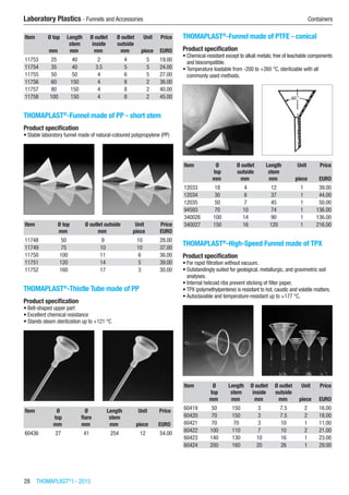 28  THOMAPLAST®
I - 2015
Laboratory Plastics - Funnels and Accessories	 Containers
Item Ø top Length
stem
Ø outlet
inside
Ø outlet
outside
Unit Price
​ mm mm mm mm piece EURO
11753 25 40 2 4 5 19.00
11754 35 40 3.5 5 5 24.00
11755 50 50 4 6 5 27.00
11756 60 150 4 8 2 36.00
11757 80 150 4 8 2 40.00
11758 100 150 4 8 2 45.00
THOMAPLAST®
-Funnel made of PP - short stem
Product specification
•	Stable laboratory funnel made of natural-coloured polypropylene (PP)​​
Item Ø top Ø outlet outside Unit Price
​ mm mm piece EURO
11748 50 9 10 28.00
11749 75 10 10 37.00
11750 100 11 6 36.00
11751 120 14 5 39.00
11752 160 17 3 30.00
THOMAPLAST®
-Thistle Tube made of PP
Product specification
•	Bell-shaped upper part
•	Excellent chemical resistance
•	Stands steam sterilization up to +121 °C​​
Item Ø
top
Ø
flare
Length
stem
Unit Price
​ mm mm mm piece EURO
60436 27 41 254 12 54.00
THOMAPLAST®
-Funnel made of PTFE - conical
Product specification
•	Chemical-resistant except to alkali metals; free of leachable components
and biocompatible.
•	Temperature loadable from -200 to +260 °C, sterilizable with all
commonly used methods.​​
Item Ø
top
Ø outlet
outside
Length
stem
Unit Price
​ mm mm mm piece EURO
12033 18 4 12 1 39.00
12034 30 6 37 1 44.00
12035 50 7 45 1 50.00
94593 70 10 74 1 136.00
340026 100 14 90 1 136.00
340027 150 16 120 1 216.00
THOMAPLAST®
-High-Speed Funnel made of TPX
Product specification
•	For rapid filtration without vacuum.
•	Outstandingly suited for geological, metallurgic, and gravimetric soil
analyses.
•	Internal helicoid ribs prevent sticking of filter paper.
•	TPX (polymethylpentene) is resistant to hot, caustic and volatile matters.
•	Autoclavable and temperature-resistant up to +177 °C.​​
Item Ø
top
Length
stem
Ø outlet
inside
Ø outlet
outside
Unit Price
​ mm mm mm mm piece EURO
60419 50 150 3 7.5 2 16.00
60420 70 150 3 7.5 2 18.00
60421 70 70 3 10 1 11.00
60422 100 110 7 10 2 21.00
60423 140 130 10 16 1 23.00
60424 200 160 20 26 1 29.00
 