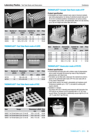 THOMAPLAST®
I - 2015  31
Laboratory Plastics - Test Tube Racks and Desiccators	 Containers
Item Number of
places
Dimensions
LxWxH
Suitable for
Ø tubes
Unit Price
​ ​ mm mm piece EURO
83252 72 234 x 113 x 108 10 - 13 1 76.00
83253 40 270 x 112 x 133 13 - 16 1 76.00
83255 40 322 x 127 x 133 21 - 25 1 76.00
THOMAPLAST®
-Test Tube Rack made of LDPE​​
Item Number of
places
Dimensions
LxWxH
Ø tubes Unit Price
​ ​ mm mm piece EURO
60734 12 190 x 60 x 80 21 1 25.00
60735 24 375 x 65 x 85 21 1 50.00
THOMAPLAST®
-Test Tube Rack made of PVC​​
Item Design Dimensions LxWxH Price
​ ​ mm EURO
60952 for 20 test tubes up to 12 mm Ø 120 x 110 x 65 43.00
60953 for 20 test tubes up to 18 mm Ø 140 x 120 x 65 43.00
60954 for 40 test tubes up to 12 mm Ø 240 x 110 x 65 54.00
THOMAPLAST®
-Sample Tube Rack made of PP
Product specification
•	Unbreakable and impact-resistant racks made of chemical-resistant,
opal-white polypropylene, for storing of cylindrical sample tubes up to
30 mm Ø in numbered positions. Scratchproof, non-porous surface,
dirt-repellent, easy to clean, and autoclavable.Allows non-slip stacking
up to 100 mm height even when filled with tubes.​​
Item Number of
places
Dimensions
LxWxH
Suitable for
Ø tubes
Unit Price
​ ​ mm mm piece EURO
83247 72 229 x 111 x 130 11 - 13 1 44.00
83248 40 263 x 111 x 130 13 - 16 1 46.00
83249 40 263 x 111 x 130 16 - 20 1 46.00
83250 40 318 x 111 x 130 21 - 25 1 57.00
83251 24 292 x 111 x 130 26 - 30 1 57.00
THOMAPLAST®
-Desiccator made of PP/PC
Product specification
•	Conventionally built desiccator with a bottom made of polypropylene
and an easily removable flat-domed top made of fully transparent
polycarbonate, with ribbed knob.
•	The bottom can be filled with a desiccant.The material to be dried is
placed on the perforated plate made of PP.The cover seals with an
O-ring made of Neoprene®.
•	Large interior volume, low weight, unbreakable and implosion-proof.
Temperature-loadable up to +120 °C, not suited for working with
organic solvents.
•	Available in 2 designs
The design with cock:A laterally joined stopcock with lubrication-free
PTFE-plug for air entrance can be connected with a 1/4“ (6.3 mm)
vacuum tubing.The desiccator is additionally vacuum-tight for 24 h at
+20 °C under 29.9“ Hg (759 mm).​​
 