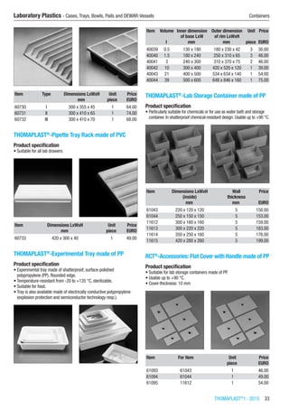 THOMAPLAST®
I - 2015  33
Laboratory Plastics - Cases, Trays, Bowls, Pails and DEWAR-Vessels	 Containers
Item Type Dimensions LxWxH Unit Price
​ ​ mm piece EURO
60730 I 300 x 355 x 45 1 64.00
60731 II 300 x 410 x 65 1 74.00
60732 III 300 x 410 x 70 1 68.00
THOMAPLAST®
-Pipette Tray Rack made of PVC
Product specification
•	Suitable for all lab drawers​​
Item Dimensions LxWxH Unit Price
​ mm piece EURO
60733 420 x 300 x 40 1 49.00
THOMAPLAST®
-Experimental Tray made of PP
Product specification
•	Experimental tray made of shatterproof, surface-polished
polypropylene (PP). Rounded edge.
•	Temperature-resistant from -20 to +135 °C, sterilizable.
•	Suitable for food.
•	Tray is also available made of electrically conductive polypropylene
(explosion protection and semiconductor technology resp.).​​
Item Volume Inner dimension
of base LxW
Outer dimension
of rim LxWxH
Unit Price
​ l mm mm piece EURO
40039 0.5 130 x 180 180 x 230 x 42 3 30.00
40040 1.5 180 x 240 250 x 310 x 65 3 48.00
40041 3 240 x 300 310 x 370 x 75 2 46.00
40042 10 300 x 400 420 x 520 x 120 1 39.00
40043 21 400 x 500 534 x 634 x 140 1 54.00
40044 39 500 x 600 648 x 846 x 160 1 75.00
THOMAPLAST®
-Lab Storage Container made of PP
Product specification
•	Particularly suitable for chemicals or for use as water bath and storage
container. In shatterproof chemical-resistant design. Usable up to +90 °C.​​
Item Dimensions LxWxH
(inside)
Wall
thickness
Price
​ mm mm EURO
61043 220 x 120 x 120 5 150.00
61044 250 x 150 x 150 5 153.00
11612 300 x 160 x 160 5 159.00
11613 300 x 220 x 220 5 183.00
11614 350 x 250 x 160 5 176.00
11615 420 x 280 x 260 5 199.00
RCT®
-Accessories: Flat Cover with Handle made of PP
Product specification
•	Suitable for lab storage containers made of PP.
•	Usable up to +90 °C.
•	Cover-thickness: 10 mm​​
Item For item Unit Price
​ ​ piece EURO
61093 61043 1 46.00
61094 61044 1 49.00
61095 11612 1 54.00
 