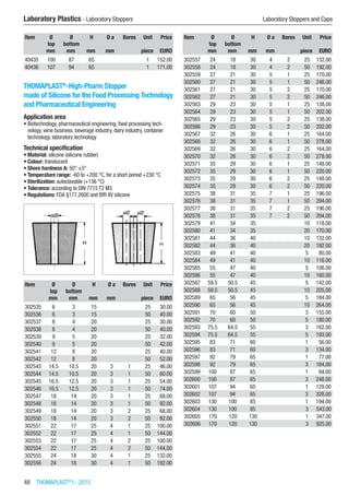 48  THOMAPLAST®
I - 2015
Laboratory Plastics - Laboratory Stoppers	 Laboratory Stoppers and Caps
Item Ø
top
Ø
bottom
H Ø a Bores Unit Price
​ mm mm mm mm ​ piece EURO
40435 100 87 65 ​ ​ 1 152.00
40436 107 94 65 ​ ​ 1 171.00
THOMAPLAST®
-High-Pharm Stopper
made of Silicone for the Food Processing Technology
and Pharmaceutical Engineering
Application area
•	Biotechnology, pharmaceutical engineering, food processing tech-
nology, wine business, beverage industry, dairy industry, container
technology, laboratory technology
Technical specification
•	Material: silicone (silicone rubber)
•	Colour: translucent
•	Shore hardness A: 50° ±5°
•	Temperature range: -60 to +200 °C, for a short period +230 °C
•	Sterilization: autoclavable (+136 °C)
•	Tolerance: according to DIN 7715 T2 M3
•	Regulations: FDA §177.2600 and BfR XV silicone​​
Item Ø
top
Ø
bottom
H Ø a Bores Unit Price
​ mm mm mm mm ​ piece EURO
302535 6 3 15 ​ ​ 25 30.00
302536 6 3 15 ​ ​ 50 40.00
302537 8 4 20 ​ ​ 25 30.00
302538 8 4 20 ​ ​ 50 40.00
302539 9 5 20 ​ ​ 25 32.00
302540 9 5 20 ​ ​ 50 42.00
302541 12 8 20 ​ ​ 25 40.00
302542 12 8 20 ​ ​ 50 52.00
302543 14.5 10.5 20 3 1 25 46.00
302544 14.5 10.5 20 3 1 50 60.00
302545 16.5 12.5 20 3 1 25 54.00
302546 16.5 12.5 20 3 1 50 74.00
302547 18 14 20 3 1 25 68.00
302548 18 14 20 3 1 50 92.00
302549 18 14 20 3 2 25 68.00
302550 18 14 20 3 2 50 92.00
302551 22 17 25 4 1 25 100.00
302552 22 17 25 4 1 50 144.00
302553 22 17 25 4 2 25 100.00
302554 22 17 25 4 2 50 144.00
302555 24 18 30 4 1 25 132.00
302556 24 18 30 4 1 50 192.00
Item Ø
top
Ø
bottom
H Ø a Bores Unit Price
​ mm mm mm mm ​ piece EURO
302557 24 18 30 4 2 25 132.00
302558 24 18 30 4 2 50 192.00
302559 27 21 30 5 1 25 170.00
302560 27 21 30 5 1 50 246.00
302561 27 21 30 5 2 25 170.00
302562 27 21 30 5 2 50 246.00
302563 29 23 30 5 1 25 138.00
302564 29 23 30 5 1 50 202.00
302565 29 23 30 5 2 25 138.00
302566 29 23 30 5 2 50 202.00
302567 32 26 30 6 1 25 164.00
302568 32 26 30 6 1 50 278.00
302569 32 26 30 6 2 25 164.00
302570 32 26 30 6 2 50 278.00
302571 35 29 30 6 1 25 148.00
302572 35 29 30 6 1 50 220.00
302573 35 29 30 6 2 25 148.00
302574 35 29 30 6 2 50 220.00
302575 38 31 35 7 1 25 196.00
302576 38 31 35 7 1 50 294.00
302577 38 31 35 7 2 25 196.00
302578 38 31 35 7 2 50 294.00
302579 41 34 35 ​ ​ 10 118.00
302580 41 34 35 ​ ​ 20 170.00
302581 44 36 40 ​ ​ 10 132.00
302582 44 36 40 ​ ​ 20 192.00
302583 49 41 40 ​ ​ 5 80.00
302584 49 41 40 ​ ​ 10 116.00
302585 55 47 40 ​ ​ 5 106.00
302586 55 47 40 ​ ​ 10 160.00
302587 59.5 50.5 45 ​ ​ 5 142.00
302588 59.5 50.5 45 ​ ​ 10 205.00
302589 65 56 45 ​ ​ 5 184.00
302590 65 56 45 ​ ​ 10 264.00
302591 70 60 50 ​ ​ 3 155.00
302592 70 60 50 ​ ​ 5 180.00
302593 75.5 64.5 55 ​ ​ 3 162.00
302594 75.5 64.5 55 ​ ​ 5 193.00
302595 83 71 60 ​ ​ 1 56.00
302596 83 71 60 ​ ​ 3 134.00
302597 92 79 65 ​ ​ 1 77.00
302598 92 79 65 ​ ​ 3 184.00
302599 100 87 65 ​ ​ 1 94.00
302600 100 87 65 ​ ​ 3 248.00
302601 107 94 65 ​ ​ 1 129.00
302602 107 94 65 ​ ​ 3 328.00
302603 130 100 85 ​ ​ 1 194.00
302604 130 100 85 ​ ​ 3 543.00
302605 170 120 130 ​ ​ 1 347.00
302606 170 120 130 ​ ​ 3 925.00
 