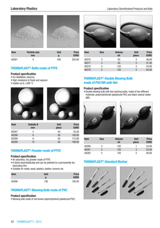 52  THOMAPLAST®
I - 2015
Laboratory Plastics	 Laboratory Semifinished Products and Aids
Item Particle size Unit Price
​ mm g EURO
60261 4 450 202.00
THOMAPLAST®
-Balls made of PTFE
Product specification
•	For distillation columns
•	High resistance to fluids and vapours
•	Usable up to +288 °C​​
Item Outside Ø Unit Price
​ mm piece EURO
60287 3 50 55.00
60288 6 50 100.00
60289 9 50 175.00
60290 15 50 198.00
THOMAPLAST®
-Powder made of PTFE
Product specification
•	An odourless, dry powder made of PTFE
•	It sticks electrostatically and can be polished to a permanently dry
lubricating film.
•	Suitable for metal, wood, plastics, leather, ceramic etc.​​​
Item Unit Price
​ g EURO
60386 100 100.00
THOMAPLAST®
-Blowing Bulb made of PVC
Product specification
•	Blowing bulb made of red-brown polyvinylchlorid (plasticized PVC)​​
Item Size Volume Unit Price
​ ​ ml piece EURO
40276 3 65 3 48.00
40277 3 65 5 57.00
40278 5 102 3 54.00
40279 5 102 5 65.00
THOMAPLAST®
-Double Blowing Bulb
made of PVC/NR with Net
Product specification
•	Double blowing bulb with two working bulbs, made of two different
materials: polyvinylchloride (plasticized PVC) and black natural rubber
(NR).​​
Item Size Volume Unit Price
​ ​ ml piece EURO
40280 5 102 1 24.00
40281 5 102 3 55.00
40282 5 102 5 80.00
THOMAPLAST®
-Standard Marker
 