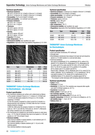 62  THOMAPLAST®
I - 2015
Separation Technology - Anion-Exchange Membranes and Cation-Exchange Membranes	 Filtration
Technical specification
•	Electrical resistance:
MA-3475: 24 Ohm/cm2
(0.1 N NaCI); 8 Ohm/cm2
(1.0 N NaCI)
MA-3512: 14 Ohm/cm2
(0.1 N NaCI); 4 Ohm/cm2
(1.0 N NaCI)
•	Permeability: 75.0 % (0.5 N NaCI/1.0 N NaCI)
•	Water permeability: <3.2 ml/h/dm2
(at 0.35 kg/cm2
)
•	Pressure resistance:
MA-3475: min. 14 kg/cm2
MA-3512: min. 12 kg/cm2
•	Thickness:
MA-3475: approx. 0.40 mm
MA-3512: approx. 0.15 mm
•	Density:
MA-3475: approx. 405 g/m3
MA-3512: approx. 187 g/m3
•	Capacity: 0.70 meq/g
•	Max. temperature: +95 °C
•	Dimensional stability: wet: excellent; dry: good
•	Regulations: Approvals of the Food Additives Regulations § 121.2593​​
Item Type Dimensions Unit Price
​ ​ cm piece EURO
50376 MA-3475 25 x 25 1 108.00
50377 MA-3475 50 x 50 1 297.00
50378 MA-3475 100 x 100 1 956.00
50379 MA-3512 25 x 30 1 100.00
50380 MA-3512 50 x 30 1 275.00
50381 MA-3512 90 x 100 1 880.00
THOMAPOR®
-Cation-Exchange Membrane
for Electrodialysis - dry storage
Product specification
•	The membrane resistance per surface unit is determined as follows:
a) The sample is steeped 4 hours in a 1:1 mixture of 1.0 N NaCl and
1.0 N HCl and afterwards shaked for 24 hours in a 125 ml bottle
containing 1.0 N NaCl.
b) Then the sample is exposed to a direct current for 8 minutes in a
photoconductive cell containing 1.0 N NaCl.After the first 4 minutes
polarity should be changed.
c) With the 3400 series the sample is heated in 0.1 N NaCl for 20 mi-
nutes at +100 °C, but with the 3100 series at +80-90 °C.Afterwards
the surface resistance per unit is determined.
•	The membranes are supplied dry and should be stored at a dark place
(max. +15 °C). Only for activation they have to be loaded in a 10% salt
solution at +55 °C for at least 3 hours
•	Chemical stability:
Good chemical stability in neutral solutions, in acid solutions (ph 0-7)
and in alkaline solutions (ph 7-11)
Fair chemical stability in alkaline solutions (ph 11-14) an to mild
oxidizing agents
Poor chemical stability to reducing agents
Technical specification
•	Electrical resistance: 15 Ohm/cm2
(0.1 N NaCI); 6 Ohm/cm2
(1.0 N NaCI)
•	Permeability: 96 % (0.5 N NaCI/1.0 N NaCI)
•	Water permeability: <3.2 ml/h/dm2
(at 0.35 kg/cm2
)
•	Pressure resistance: min. 14 kg/cm2
•	Thickness: approx. 0.40 mm
•	Density: approx. 405 g/m3
•	Capacity: 1.22 meq/g
•	Max. temperature: +95 °C
•	Dimensional stability: wet: excellent; dry: good
•	Regulations: Approvals of the Food Additives Regulations; § 121.2593​​​
Item Type Dimensions Unit Price
​ ​ cm piece EURO
50382 MC-3470 25 x 25 1 108.00
50383 MC-3470 50 x 50 1 297.00
50384 MC-3470 100 x 100 1 957.00
THOMAPOR®
-Anion-Exchange Membrane
for Electrodialysis
Product specification
•	Anion permeable membranes, PET reinforced
•	Strongly basic
•	Electrodialysis membranes have always to be kept wet and should be
stored in a 3 % NaCl solution in a cool and dark place.
•	Chemical resistance:
Very good to acetaldehyde (15 %), acetaldehyde (30 %), aniline (4 %),
ethanol (15 %), ethanol (50 %), ethylenglycol (15 %), ethylenglycol (30
%), acetic acid (15 %), acetic acid (50 %), H2
SO4
(10 %), H2
SO4
(30 %),
HCI (7 %), HCI (35 %), oxalic acid (10 %), pyridine (15 %), pyridine  
(50 %), tartaric acid (15 %), tartaric acid (50 %)
Good to ethyl „Cellosolve“ (50 %), ethylacetic acid (15 %), cresol (2.6 %),
methyl „Cellosolve“ (50 %), triethylamine1)
(15 %), triethylamine1)
(50 %)
Less good to acetone (15 %), dioxan (30 %), hydrochinone (5.8 %),
methylethyl ketone (15 %), phenol (6 %), propylene glycol (50 %)
1)
The transport number decreases with increasing electrical resistance
Technical specification
•	Colour: brown
•	Thickness: 0.13 mm
•	Resistivity: 3.3 Ohm*cm2
(The resistivity was measured after equilib-
rium with 0.5 M NaCl solution at +25 °C.)
•	Counterion: bromide (br)
•	Water content: 15 wt % (at +25 °C)
•	Ion exchange capacity: 1.14 meq g-1
•	Selectivity (0.1/0.5 mol/kg KCI): 97.9 % (at +25 °C)
•	Specific conductivity: 4.0 mS cm-1
(in CI-
form in 0.5 MNaCI at +25 °C)
•	pH stability range: 1 - 8 (at +25 °C)
•	Delivery form: dry​​
 