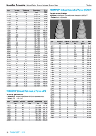 68  THOMAPLAST®
I - 2015
Separation Technology - Sintered Plates, Sintered Rods and Sintered Pipes	 Filtration
Item Pore size Thickness Dimensions Price
​ µm mm mm EURO
52228 35 1.6 100 x 100 29.00
52229 70 1.6 100 x 100 29.00
52230 120 1.6 100 x 100 29.00
52231 250 1.6 100 x 100 29.00
52232 35 1.6 250 x 250 56.00
52233 70 1.6 250 x 250 56.00
52234 120 1.6 250 x 250 56.00
52235 250 1.6 250 x 250 56.00
52236 35 1.6 500 x 500 132.00
52237 70 1.6 500 x 500 132.00
52238 120 1.6 500 x 500 132.00
52239 250 1.6 500 x 500 132.00
52240 35 3.2 100 x 100 44.00
52241 70 3.2 100 x 100 44.00
52242 120 3.2 100 x 100 44.00
52243 250 3.2 100 x 100 44.00
52244 35 3.2 250 x 250 70.00
52245 70 3.2 250 x 250 70.00
52246 120 3.2 250 x 250 70.00
52247 250 3.2 250 x 250 70.00
52248 35 3.2 500 x 500 153.00
52249 70 3.2 500 x 500 153.00
52250 120 3.2 500 x 500 153.00
52251 250 3.2 500 x 500 153.00
52252 35 6.35 100 x 100 65.00
52253 70 6.35 100 x 100 65.00
52254 120 6.35 100 x 100 65.00
52255 250 6.35 100 x 100 65.00
52256 35 6.35 250 x 250 102.00
52257 70 6.35 250 x 250 102.00
52258 120 6.35 250 x 250 102.00
52259 250 6.35 250 x 250 102.00
52260 35 6.35 500 x 500 199.00
52261 70 6.35 500 x 500 199.00
52262 120 6.35 500 x 500 199.00
52263 250 6.35 500 x 500 199.00
THOMAPOR®
-Sintered Plate made of Porous LDPE
Technical specification
•	Material: low pressure polyethylene with highly porous structure
•	Density: 0.61 - 0.66 g/cm3
​​​
Item Pore size Porosity Thickness Dimensions Price
​ µm % mm mm EURO
52905 20 40 3 225 x 225 105.00
52906 20 40 5 225 x 225 105.00
52907 20 40 6 225 x 225 141.00
52908 20 40 8 225 x 225 141.00
529011 20 40 3 450 x 450 243.00
52902 20 40 5 450 x 450 243.00
52903 20 40 6 450 x 450 305.00
52904 20 40 8 450 x 450 305.00
THOMAPOR®
-Sintered Disk made of Porous UHMW-PE
Technical specification
•	Material: polyethylene of ultrahigh molecular weight (UHMW-PE)
•	Design: disks, hydrophobic​​
Item Pore size Outside Ø Thickness Unit Price
​ µm mm mm piece EURO
52417 10 13 1.6 25 60.00
52418 20 13 1.6 25 65.00
52419 10 13 3.2 25 100.00
52420 20 13 3.2 25 100.00
52421 10 13 6.35 25 125.00
52422 20 13 6.35 25 150.00
52425 10 25 1.6 25 125.00
52426 20 25 1.6 25 130.00
52427 10 25 3.2 25 140.00
52428 20 25 3.2 25 150.00
52429 10 25 6.35 25 175.00
52430 20 25 6.35 25 175.00
52433 10 47 1.6 10 on req.
52434 20 47 1.6 10 on req.
52435 10 47 3.2 10 on req.
52436 20 47 3.2 10 on req.
52437 10 47 6.35 10 on req.
52438 20 47 6.35 10 on req.
52441 10 50 1.6 10 on req.
52442 20 50 1.6 10 on req.
52443 10 50 3.2 10 on req.
52444 20 50 3.2 10 on req.
52445 10 50 6.35 10 on req.
52446 20 50 6.35 10 on req.
52449 10 76 1.6 5 on req.
52450 20 76 1.6 5 on req.
52451 10 76 3.2 5 on req.
52452 20 76 3.2 5 on req.
52453 10 76 6.35 5 on req.
52454 20 76 6.35 5 on req.
52457 10 90 1.6 5 on req.
52458 20 90 1.6 5 on req.
52459 10 90 3.2 5 on req.
52460 20 90 3.2 5 on req.
52461 10 90 6.35 5 on req.
52462 20 90 6.35 5 on req.
 