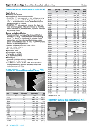 72  THOMAPLAST®
I - 2015
Separation Technology - Sintered Plates, Sintered Rods and Sintered Pipes	 Filtration
THOMAPOR®
-Porous Sintered Material made of PTFE
Application area
•	Filtration of gases and fluids
•	As gas feeding and distribution system (gassing)
•	THOMAPOR®
-PTFE sintered elements are used for filtration of highly
aggressive vapors, gases and fluids at highest temperatures up to
+240 °C.The elements are easy to clean after the filtration process
even when used with sticky media.
•	THOMAPOR®
-PTFE sintered elements do not soil when dipped into
water containing suspended matter as neither water nor electrolytes
are able to enter into the pores. Nevertheless, the gas flow rate is high
and of constant intensity.
General product specification
•	Porous sintered plastic made of pure high-density polytetrafluoro-
ethylene (PTFE).Through a exactly defined and controlled sintering
process PTFE granules are fused together so that stable bodies of
various shapes form. By granular material selection and choice of
process parameters the pore size of the porous THOMAPOR®
-sintered
elements can be selectively influenced.
•	Usable in temperature ranges from -200 to +260 °C
•	Universal chemical resistance
•	Non-adhesive behavior
•	Physiological safety
•	Prevents water absorption
•	Hydrophobic, non-wettable
•	Use as porous false bottom
•	As dusting unit
•	As pressure-compensating element in apparatus building
•	As separator in the electrochemistry
•	Use of the porous material structure and its chemical resistance
(condensate separation), separation of emulsions, diaphragm in
electrodialysis, carrier for fluids.​
THOMAPOR®
-Sintered Plate made of Porous PTFE​​
Item Pore size Thickness1
Dimensions Price
​ µm mm mm EURO
96242 1 0.5 100 x 100 118.00
301919 1 0.5 300 x 300 258.00
14867 1 1.6 100 x 100 81.00
14868 1 1.6 250 x 250 230.00
96245 1 2 100 x 100 138.00
301932 1 2 300 x 300 302.00
14869 1 3.2 100 x 100 119.00
14870 1 3.2 250 x 250 345.00
14871 1 6.35 100 x 100 214.00
14872 1 6.35 250 x 250 557.00
301914 5 0.5 100 x 100 118.00
301920 5 0.5 300 x 300 258.00
302861 5 1 320 x 320 218.00
Item Pore size Thickness1
Dimensions Price
​ µm mm mm EURO
301927 5 2 100 x 100 138.00
301933 5 2 300 x 300 302.00
302863 5 3 320 x 320 304.00
301915 10 0.5 100 x 100 118.00
301921 10 0.5 300 x 300 258.00
302864 10 1 320 x 320 218.00
14873 10 1.6 100 x 100 74.00
14874 10 1.6 250 x 250 209.00
96246 10 2 100 x 100 138.00
301934 10 2 300 x 300 302.00
302865 10 2 320 x 320 258.00
302866 10 3 320 x 320 304.00
14875 10 3.2 100 x 100 108.00
14876 10 3.2 250 x 250 313.00
14877 10 6.35 100 x 100 195.00
14878 10 6.35 250 x 250 507.00
301916 20 0.5 100 x 100 118.00
301922 20 0.5 300 x 300 258.00
301928 20 2 100 x 100 138.00
301935 20 2 300 x 300 302.00
14879 25 1.6 100 x 100 74.00
14880 25 1.6 250 x 250 209.00
14881 25 3.2 100 x 100 108.00
14882 25 3.2 250 x 250 313.00
14883 25 6.35 100 x 100 195.00
14884 25 6.35 250 x 250 507.00
301917 30 0.5 100 x 100 118.00
301923 30 0.5 300 x 300 258.00
301929 30 2 100 x 100 138.00
301936 30 2 300 x 300 302.00
96247 40 2 100 x 100 138.00
301937 40 2 300 x 300 302.00
96243 50 0.5 100 x 100 118.00
301924 50 0.5 300 x 300 258.00
96244 60 0.5 100 x 100 118.00
301925 60 0.5 300 x 300 258.00
301930 60 2 100 x 100 138.00
301938 60 2 300 x 300 302.00
301918 100 0.5 100 x 100 118.00
301926 100 0.5 300 x 300 258.00
301931 100 2 100 x 100 138.00
301939 100 2 300 x 300 302.00
1
Tolerance ±0.05 mm
THOMAPOR®
-Sintered Disk made of Porous PTFE​​
 